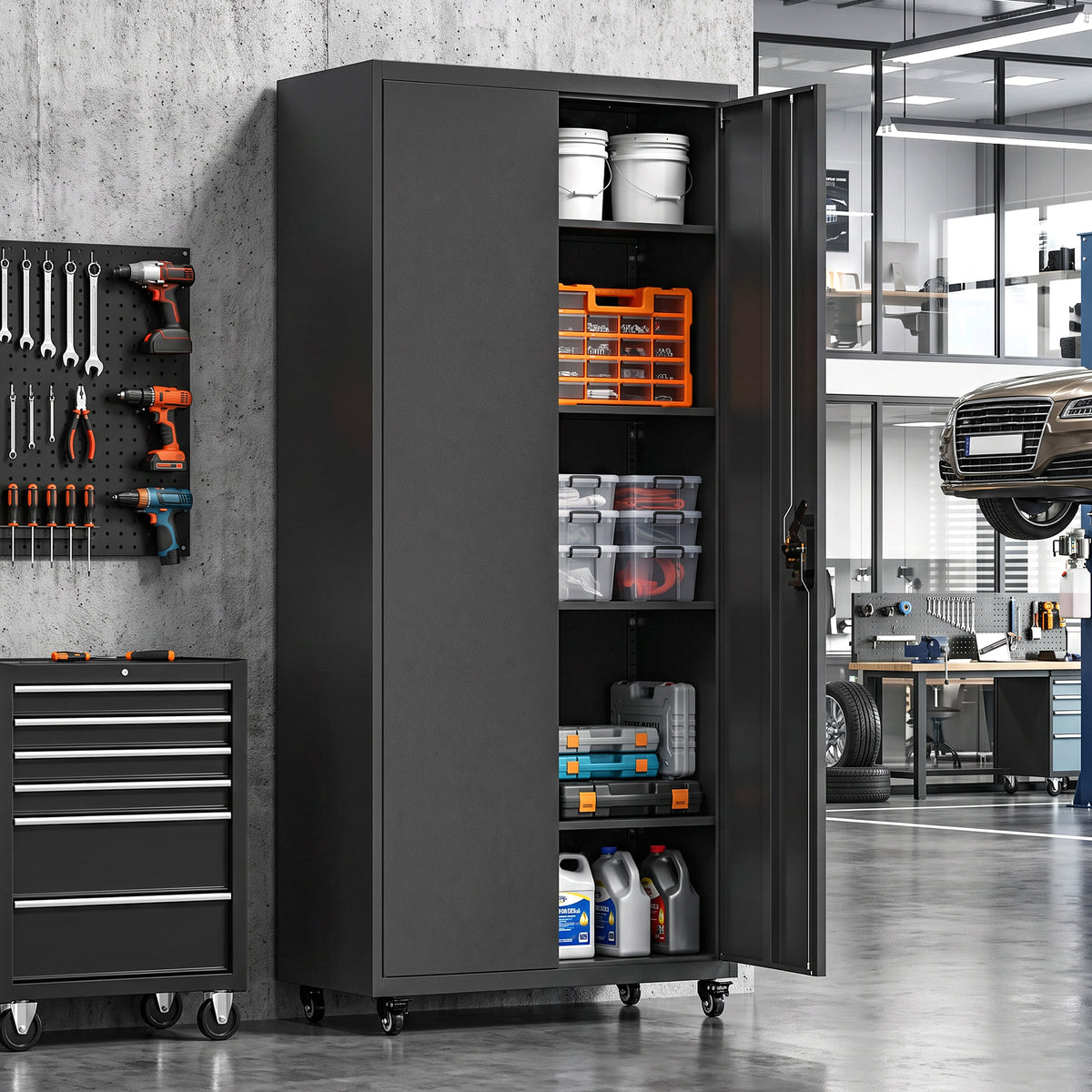 Metal Storage Cabinet, 71" Tall Lockable Steel Tool Cabinet with Removable Wheels, Rolling or Floor Standing Garage Storage Organizer with Adjustable Shelves for Workshop Home Office