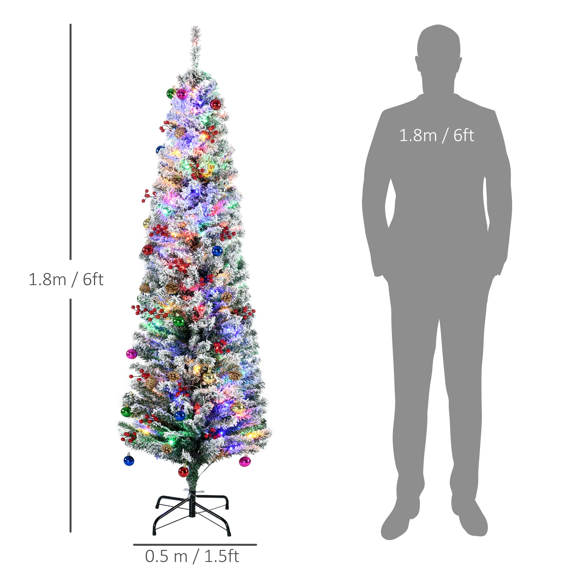 6ft Pre Lit Artificial Christmas Tree Holiday Décor with 160 Colourful LED Lights and 492 Snow Flocked Tips, Pine Cone, Berry, Ball Tree Decoration