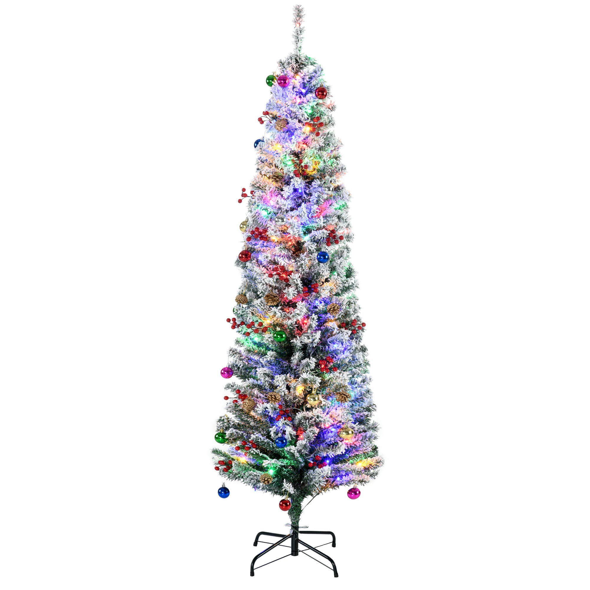 6ft Pre Lit Artificial Christmas Tree Holiday Décor with 160 Colourful LED Lights and 492 Snow Flocked Tips, Pine Cone, Berry, Ball Tree Decoration