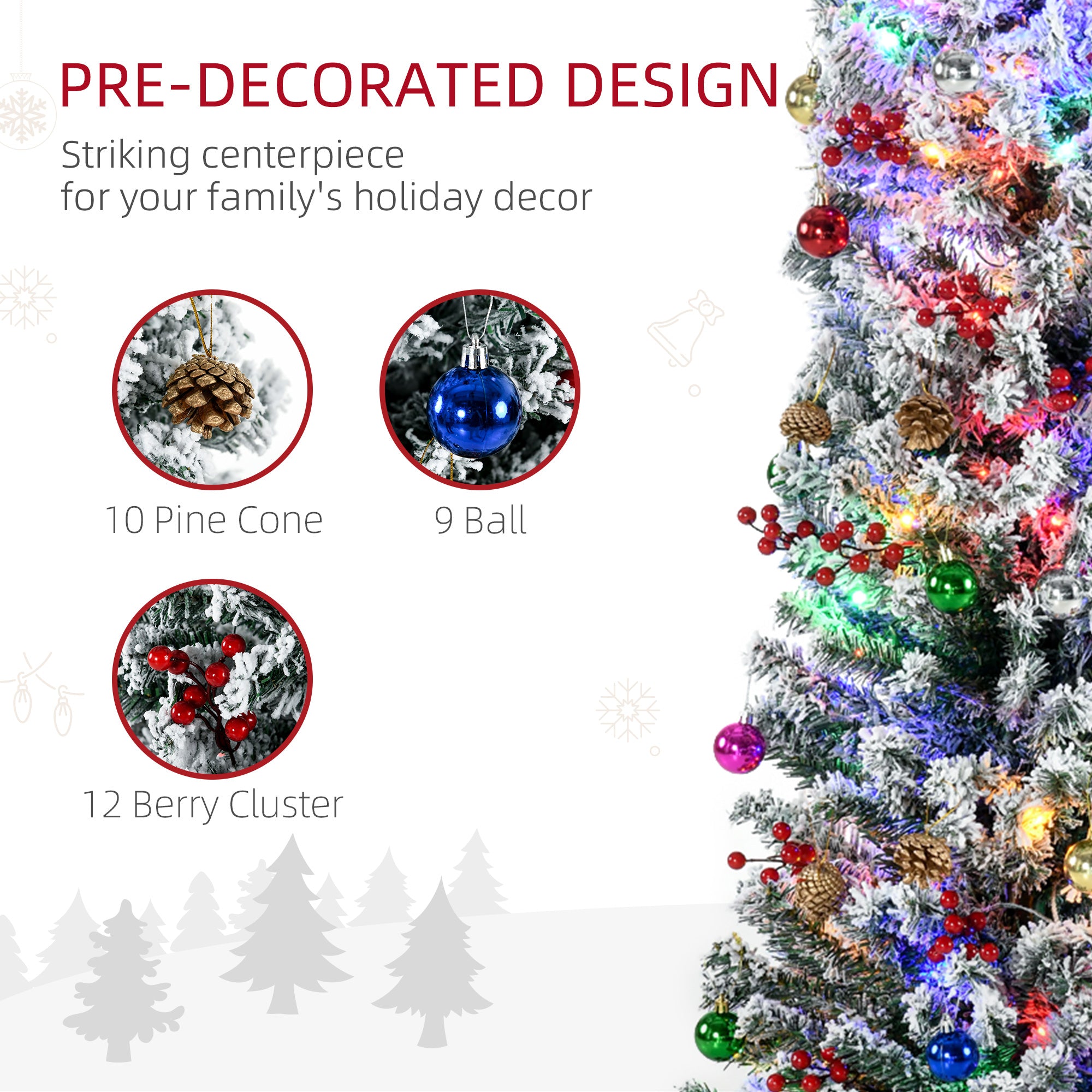 6ft Pre Lit Artificial Christmas Tree Holiday Décor with 160 Colourful LED Lights and 492 Snow Flocked Tips, Pine Cone, Berry, Ball Tree Decoration