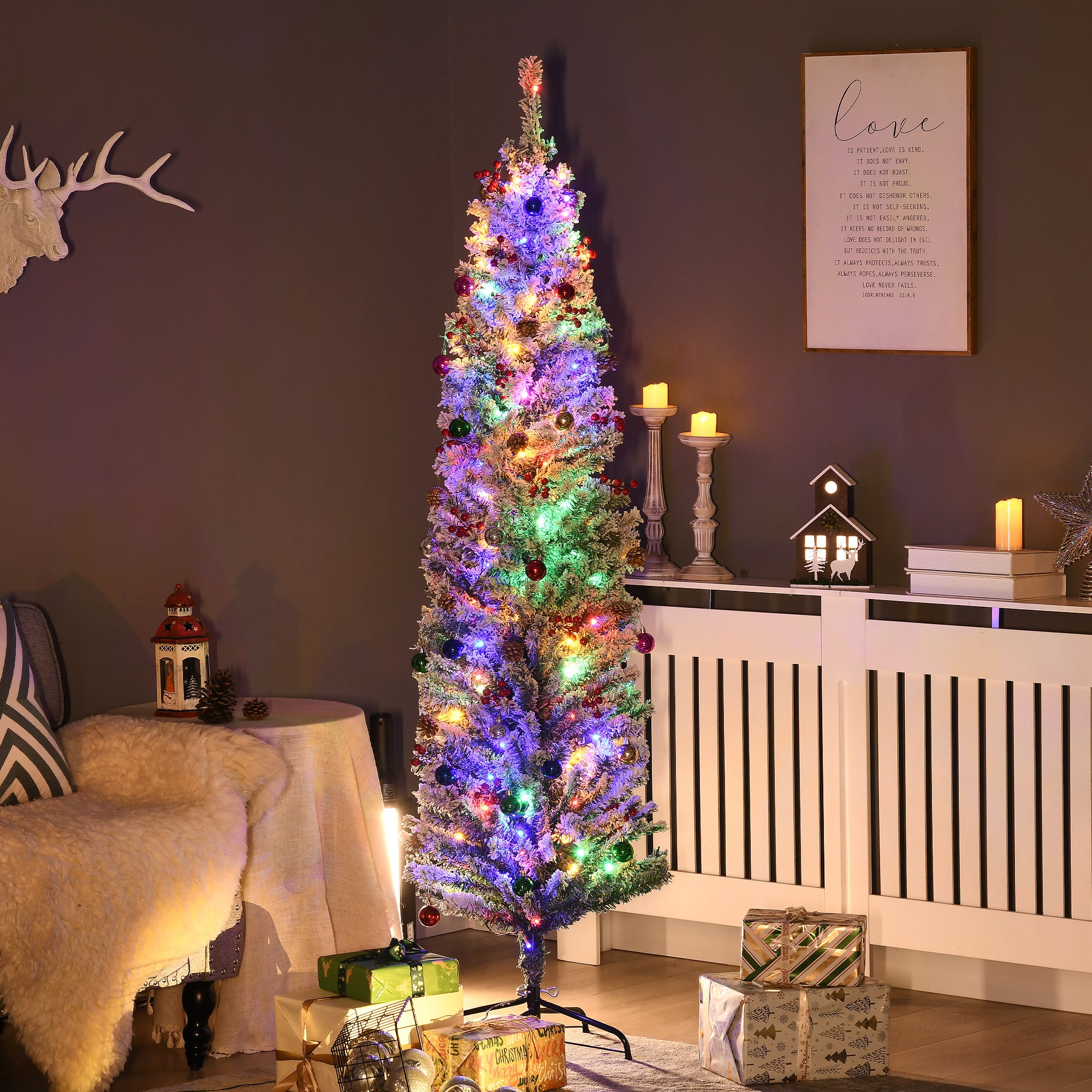 6ft Pre Lit Artificial Christmas Tree Holiday Décor with 160 Colourful LED Lights and 492 Snow Flocked Tips, Pine Cone, Berry, Ball Tree Decoration