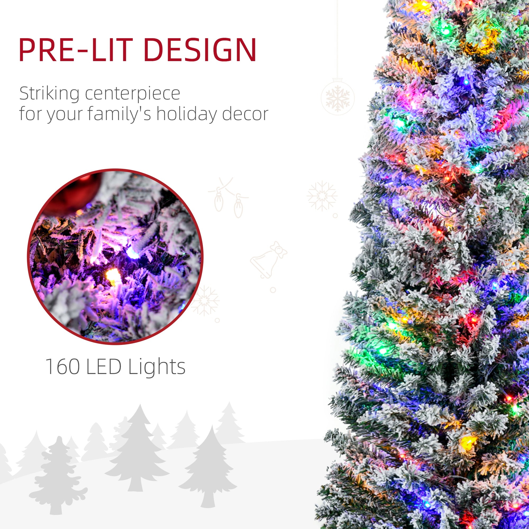 6ft Pre Lit Artificial Christmas Tree Holiday Décor with 160 Colourful LED Lights and 492 Snow Flocked Tips, Pine Cone, Berry, Ball Tree Decoration
