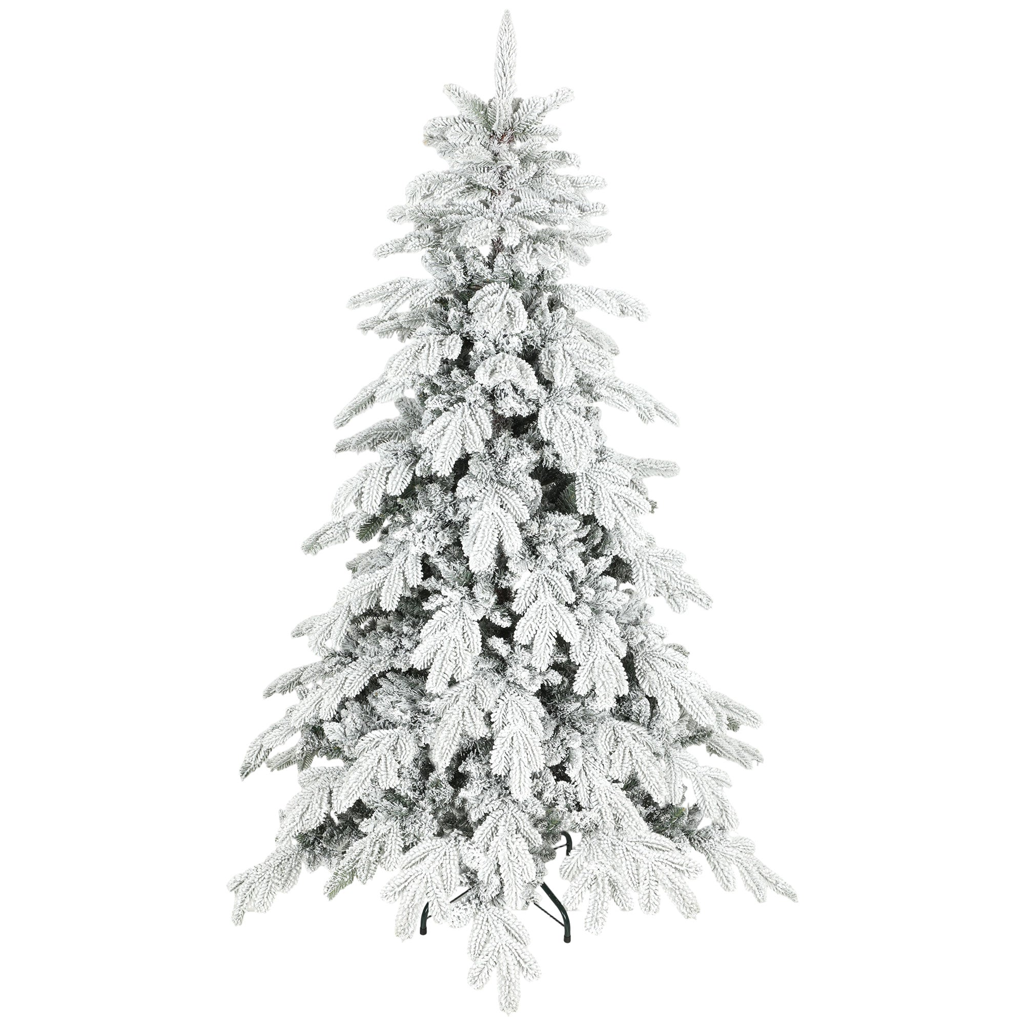 6ft Artificial Christmas Tree, Snow Flocked Christmas Tree with Realistic Dense Branches, Hinged Design, Metal Stand, Wide Shape, Easy Assembly, Xmas Home Decoration, Green White