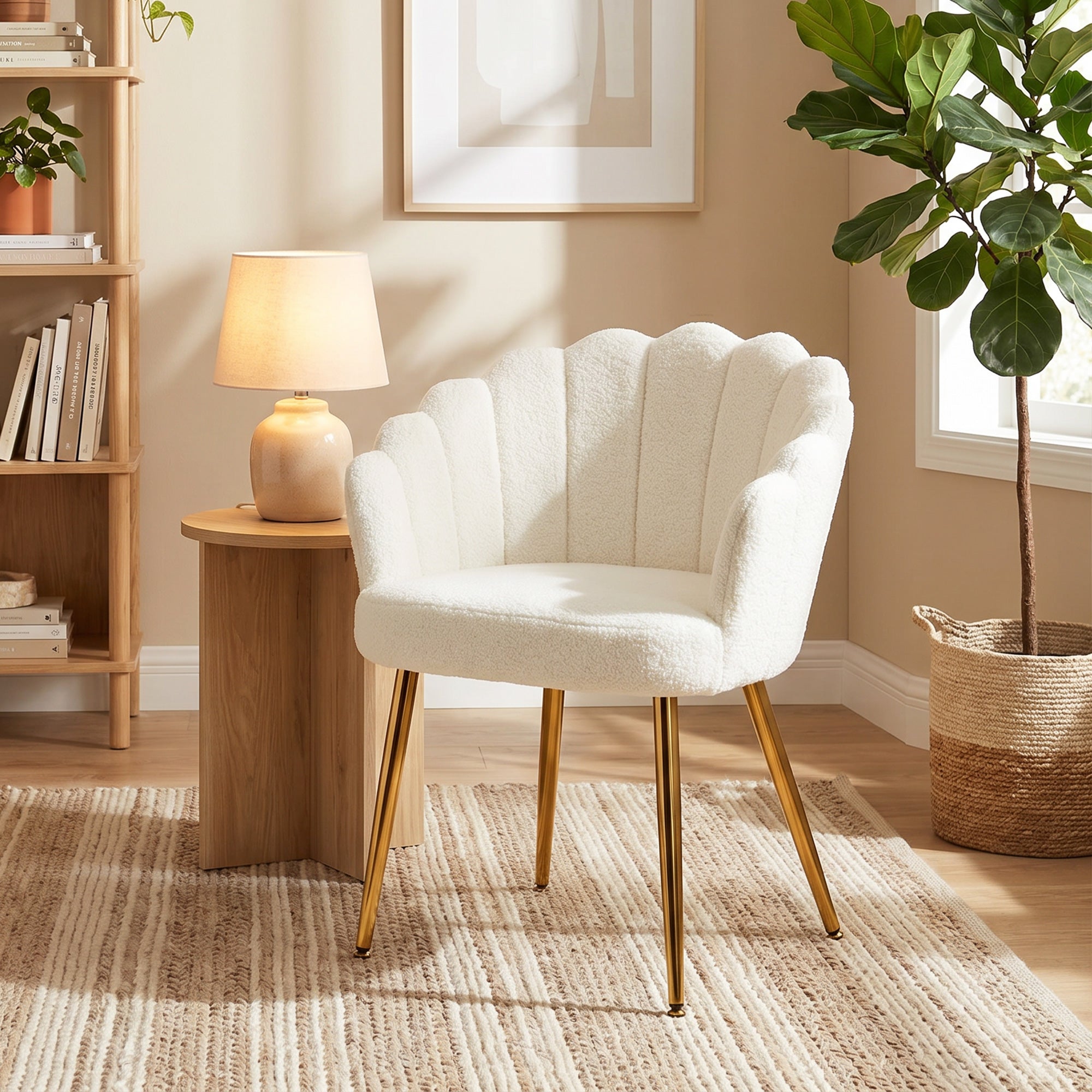 Petal-Back Accent Chair, Faux Lamb Wool Upholstered Armchair, Living Room Chair with Metal Legs, Adjustable Foot Pads, Cream