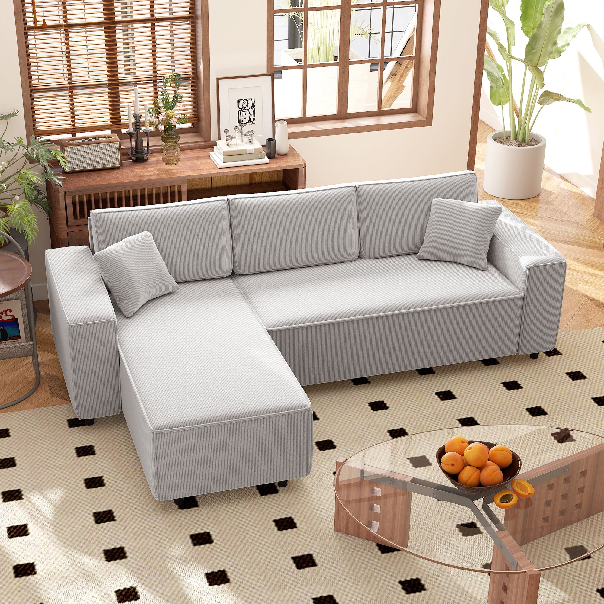 95" Sectional Sofa with Reversible Chaise Lounge, L-Shaped Corner Sofa with Corduroy Fabric, Pocket Spring, 2 Pillows, Wide Arm, Thick Padded, 3 Seat Couch for Living Room, Light Gray