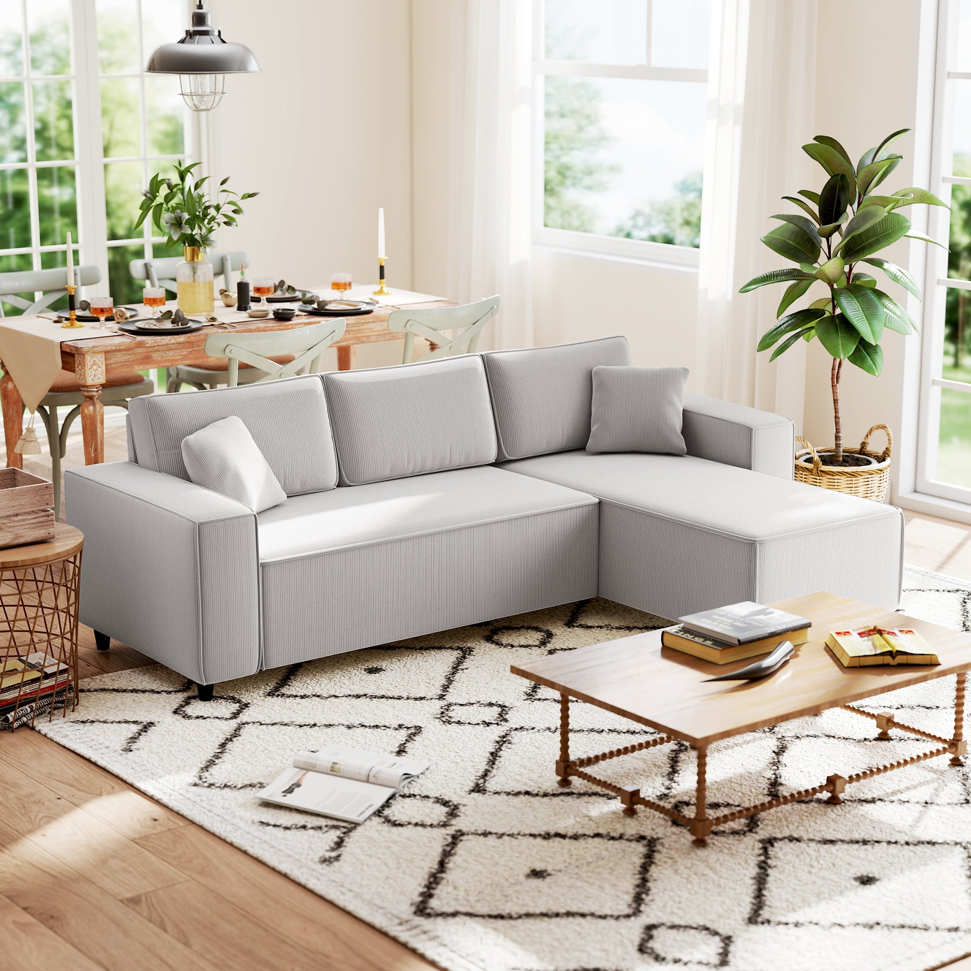 95" Sectional Sofa with Reversible Chaise Lounge, L-Shaped Corner Sofa with Corduroy Fabric, Pocket Spring, 2 Pillows, Wide Arm, Thick Padded, 3 Seat Couch for Living Room, Light Gray