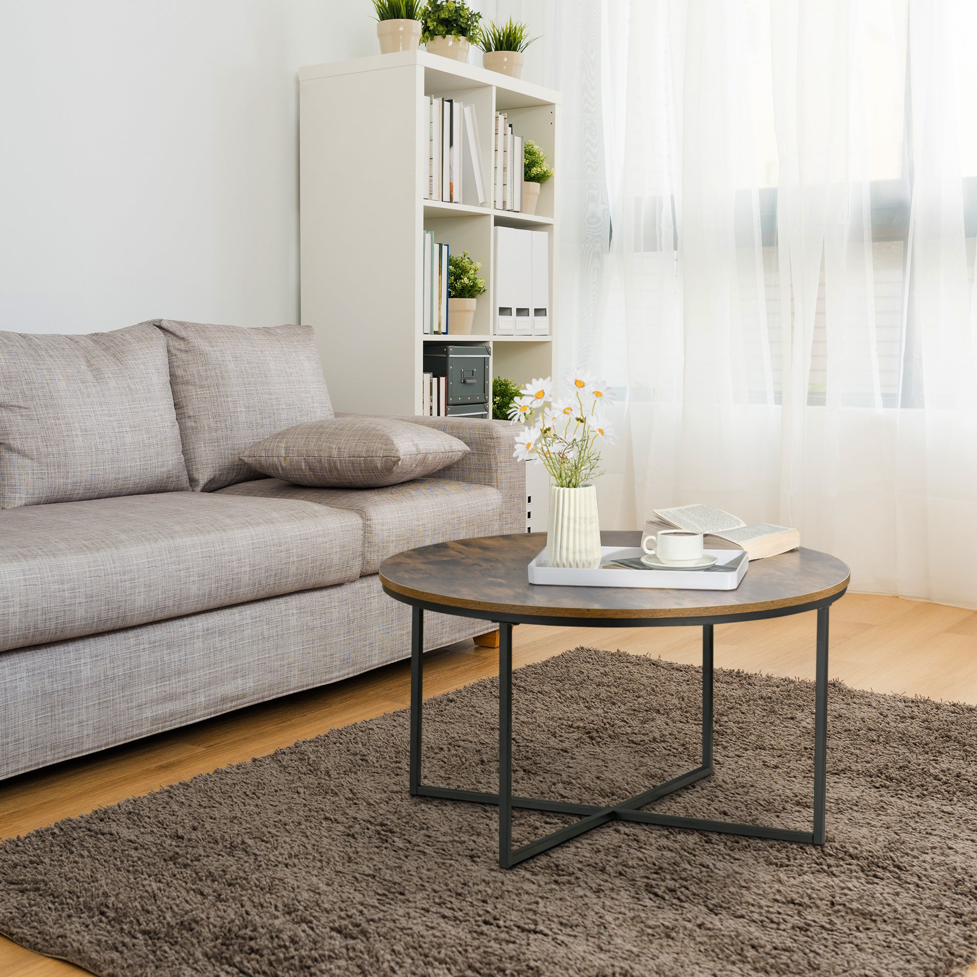 HOMCOM Round Coffee Table, Industrial Side Table with Metal Frame, Large Coffee Tables for Living Room, Bedroom, Rustic Brown