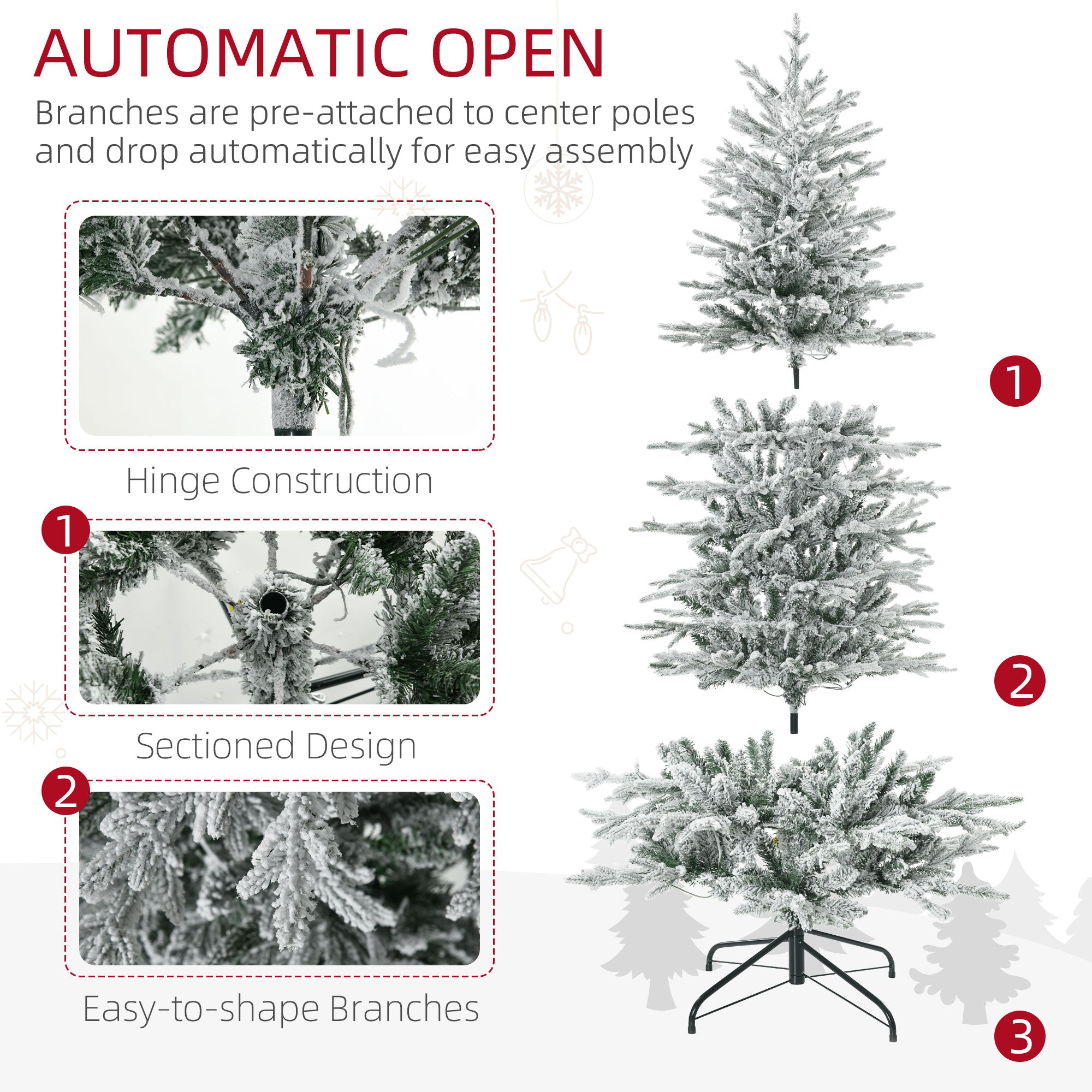 6ft Tall Prelit Arctic Fir Artificial Christmas Tree Xmas Tree with 636 Snow Flocked Branches, 250 Warm White UL Listed Clear Lights, Auto Open, Extra Bulb