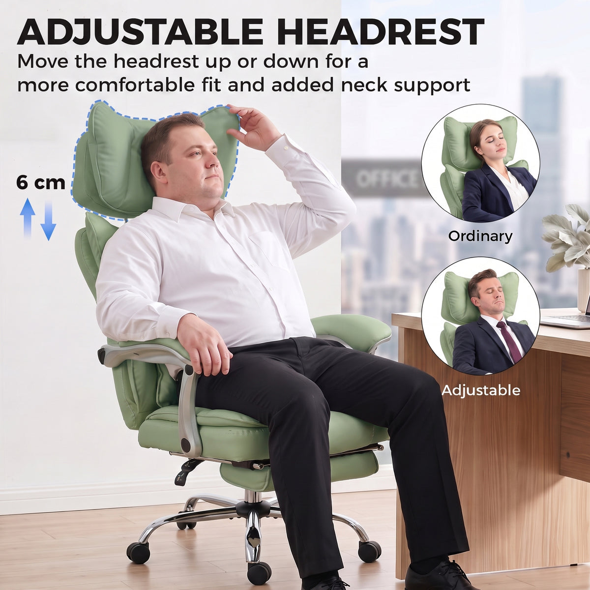 Executive Office Chair, 180kg Big and Tall PU Leather Desk Chair with Adjustable Headrest, Lumbar Support, Wide Seat, Reclining Back, Footrest, Swivel Wheels, Light Green