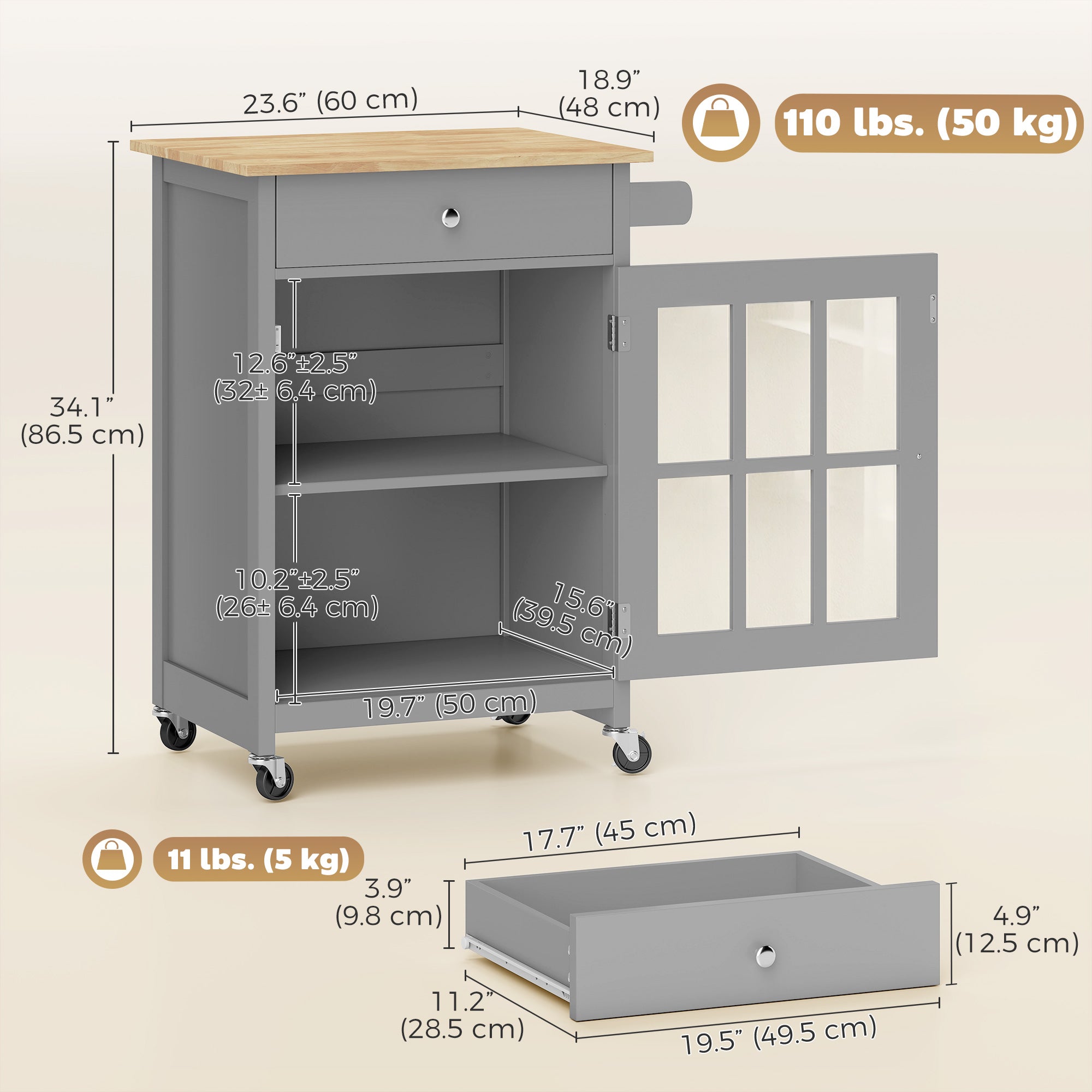 Rolling Kitchen Cart with Drawer and Glass Door Cabinet, Kitchen Island on Wheels with Adjustable Shelf and Towel Rack (Dark Grey)