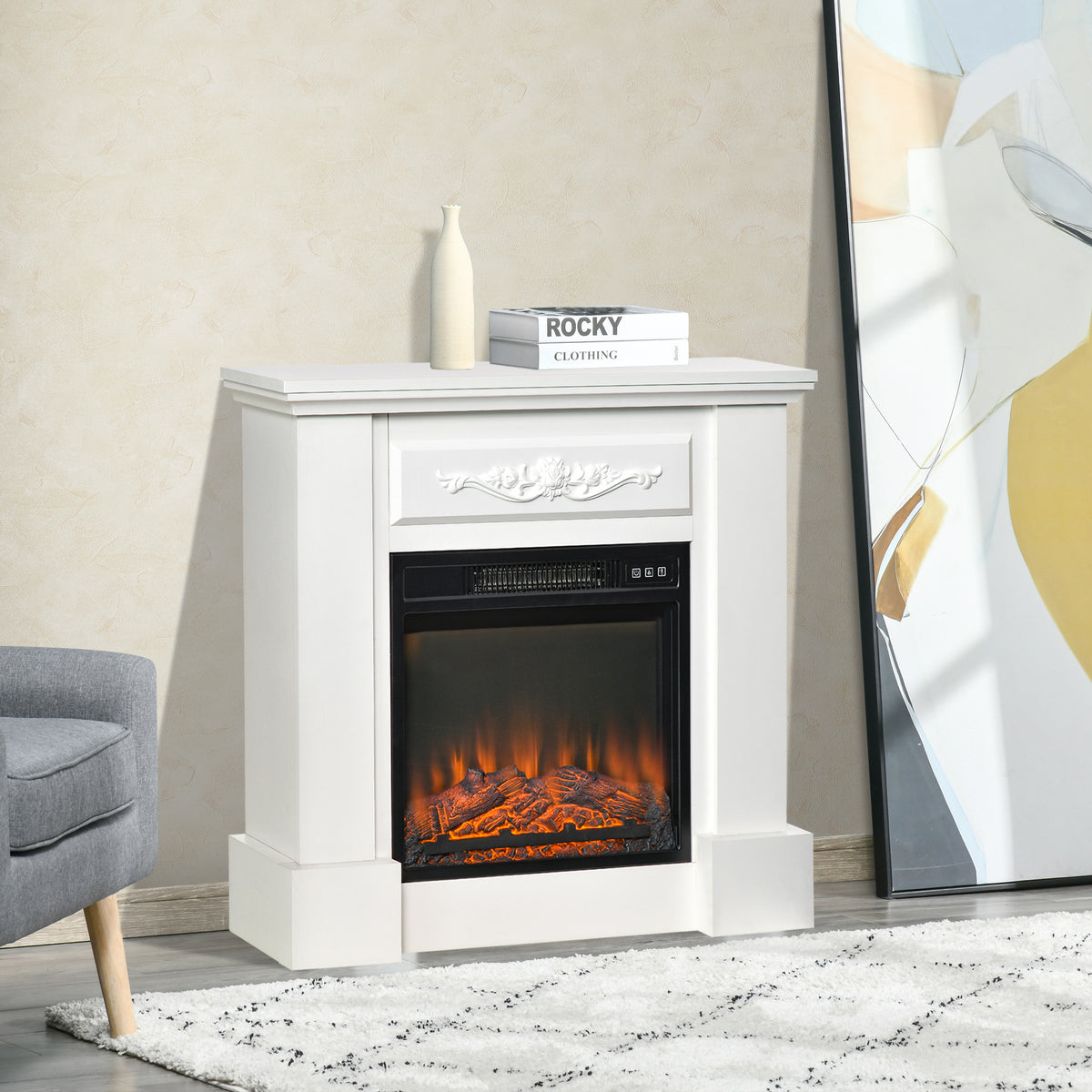 32" Electric Fireplace Heater with Mantel, Freestanding Fireplace Stove with Log Hearth, Adjustable Realistic Flame and Remote Control, 1400W, White