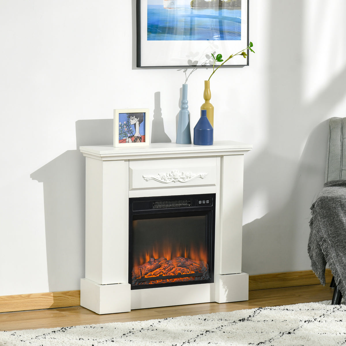 32" Electric Fireplace Heater with Mantel, Freestanding Fireplace Stove with Log Hearth, Adjustable Realistic Flame and Remote Control, 1400W, White