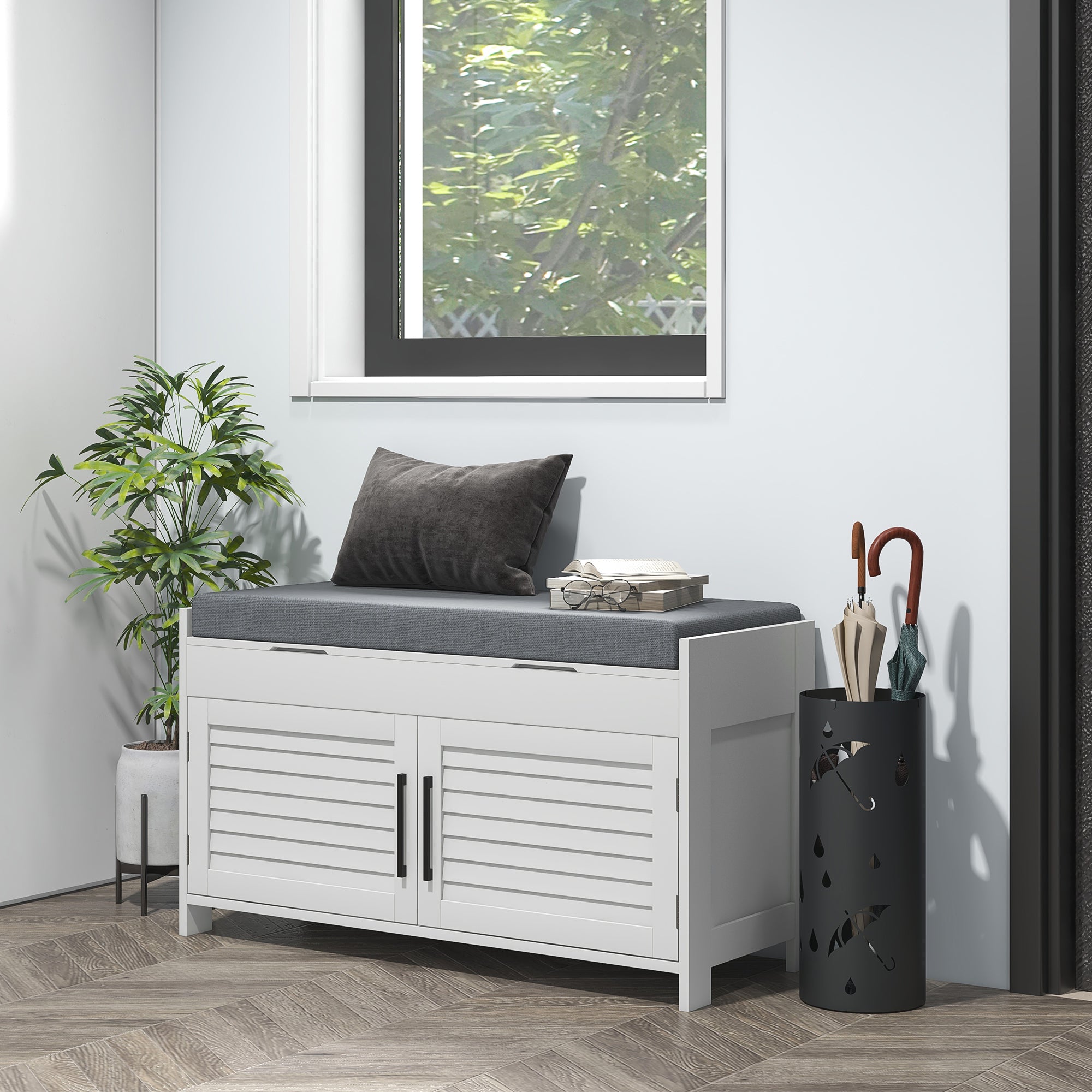 Shoe Storage Bench with Hidden Compartments, Adjustable Shelves & Shutter Doors, White