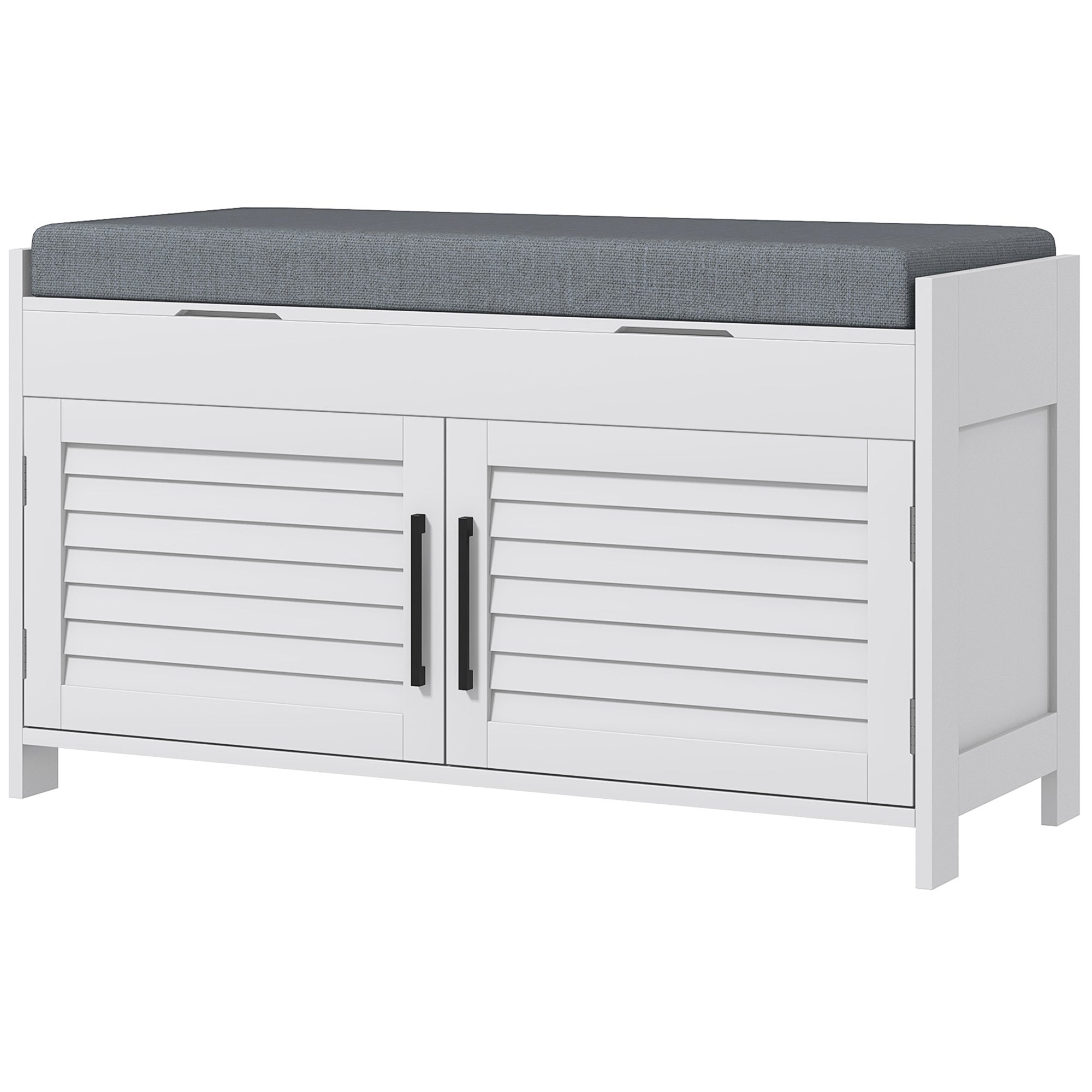 Shoe Storage Bench with Hidden Compartments, Adjustable Shelves & Shutter Doors, White