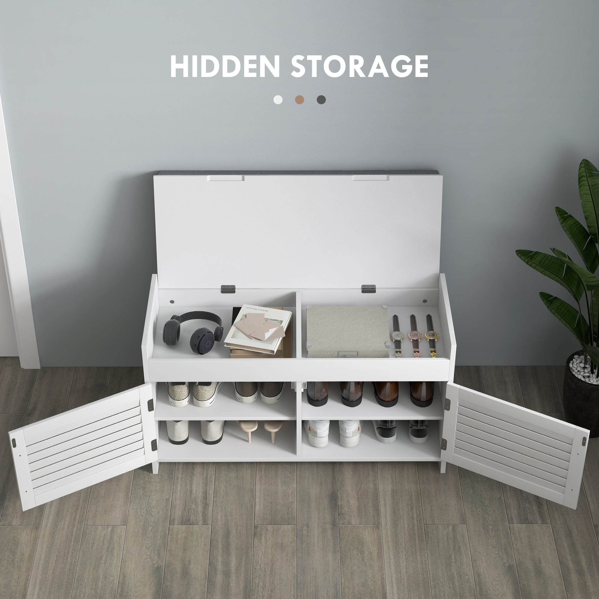 Shoe Storage Bench with Hidden Compartments, Adjustable Shelves & Shutter Doors, White