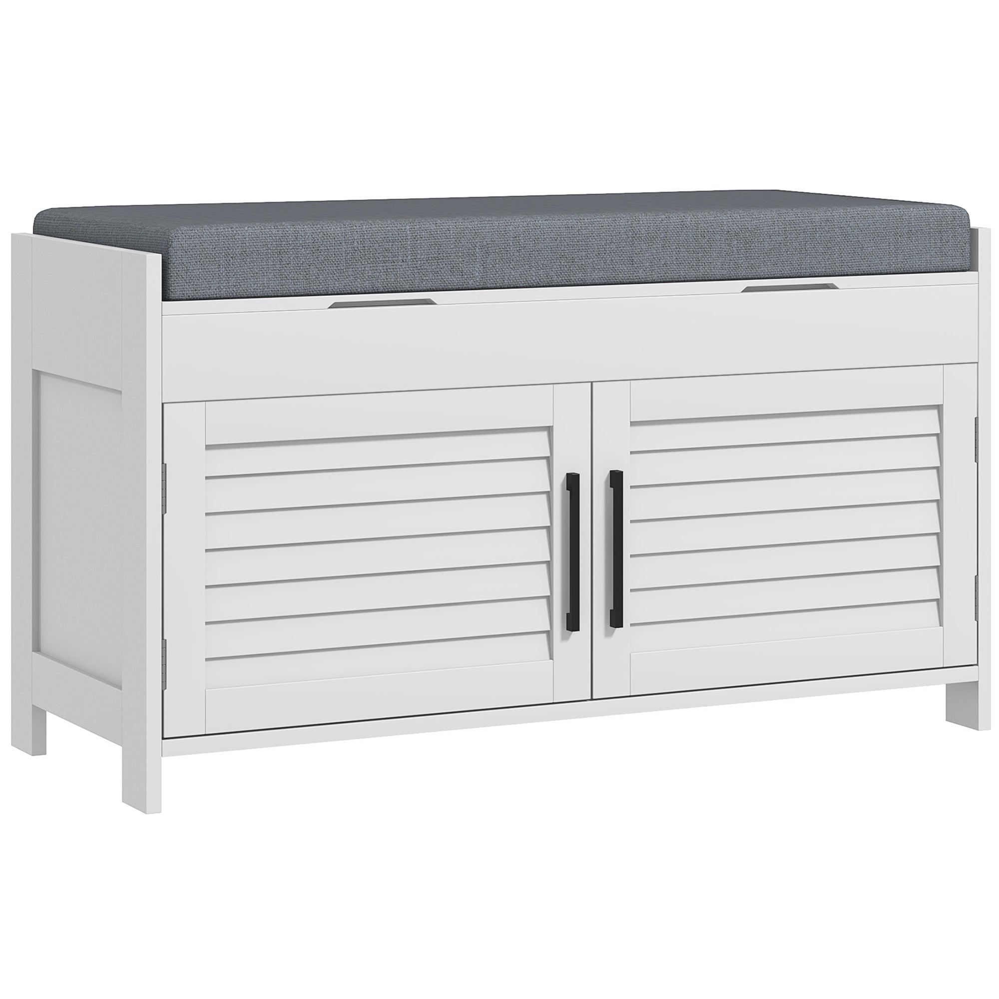 Shoe Storage Bench with Hidden Compartments, Adjustable Shelves & Shutter Doors, White