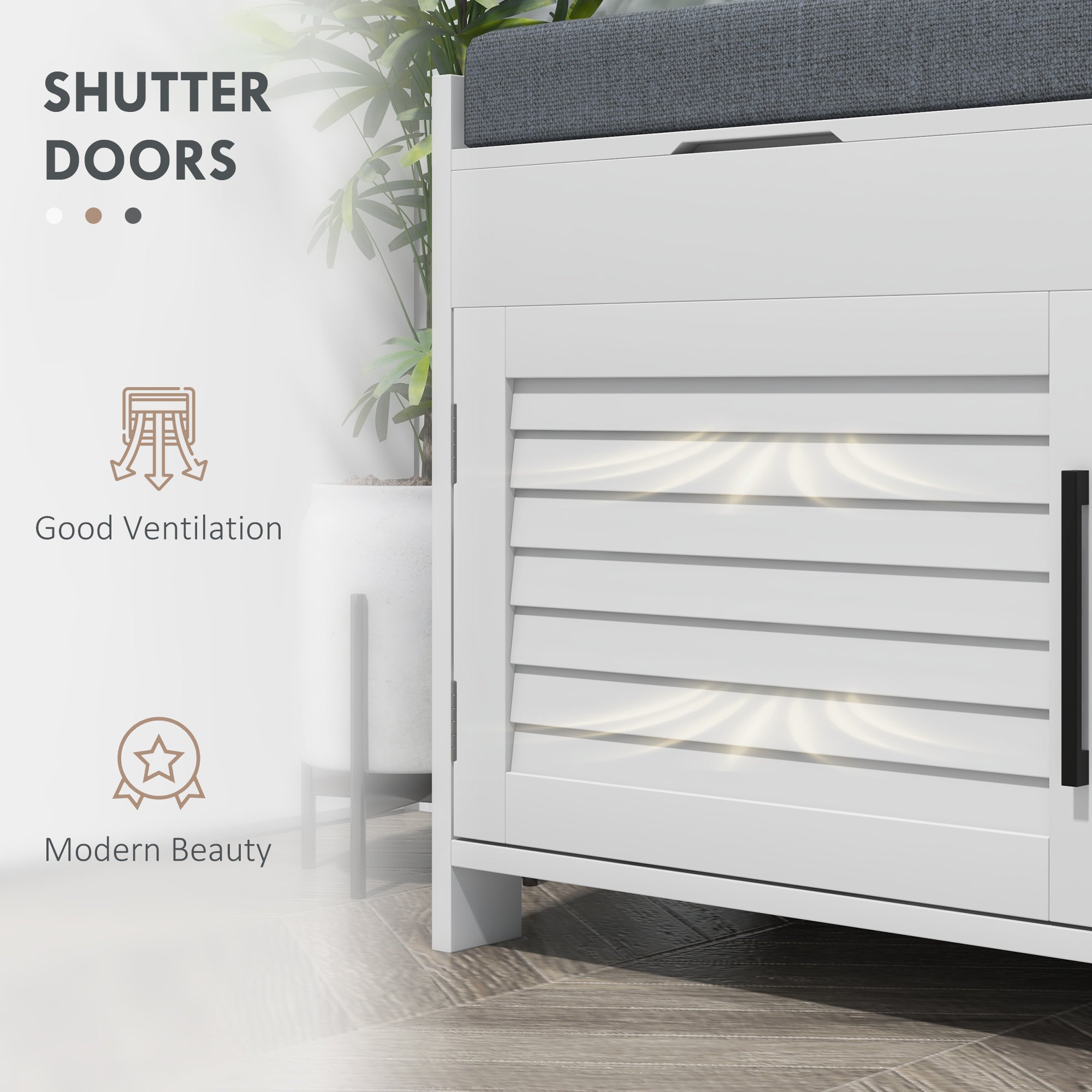 Shoe Storage Bench with Hidden Compartments, Adjustable Shelves & Shutter Doors, White