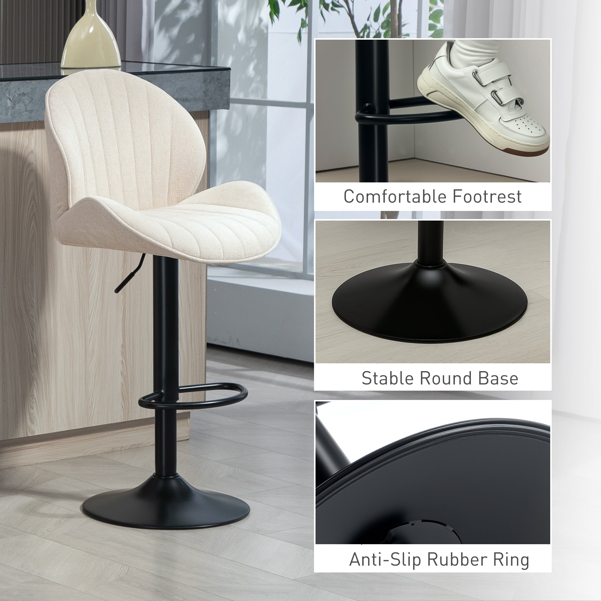 Bar Stools Set of 2, Swivel Counter Height Barstools with Back, Adjustable Height and Footrest, Chenille Upholstered Modern Bar Chairs for Kitchen Island, Dining Room, Beige