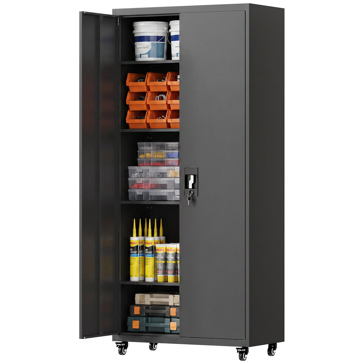 Metal Storage Cabinet, 71" Tall Lockable Steel Tool Cabinet with Removable Wheels, Rolling or Floor Standing Garage Storage Organizer with Adjustable Shelves for Workshop Home Office
