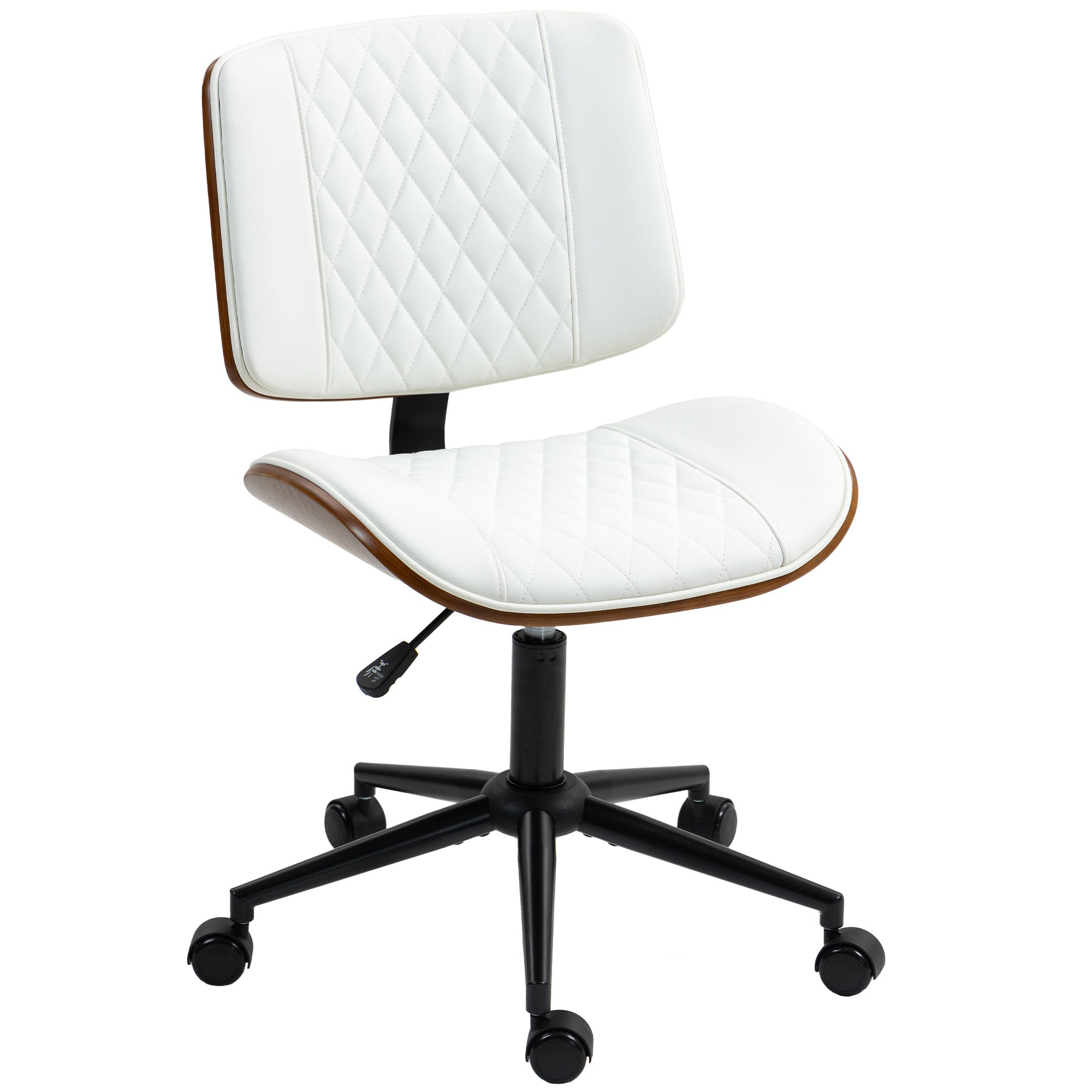 Home Office Chair No Arms with Wheels, PU Leather Mid Back Small Desk Chair with Adjustable Height, 360 Degree Swivel for Office, Reading, Meeting Room, White
