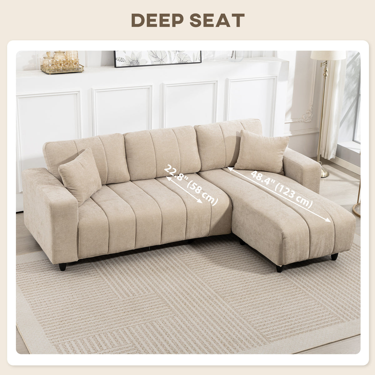 Modular Sectional Sofa with Changeable Chaise, Integrated Seat, 95" Large 3 Seater L-Shaped Sofa with Spring Cushion, 2 Pillows, Steel Frame for Living Room, Beige