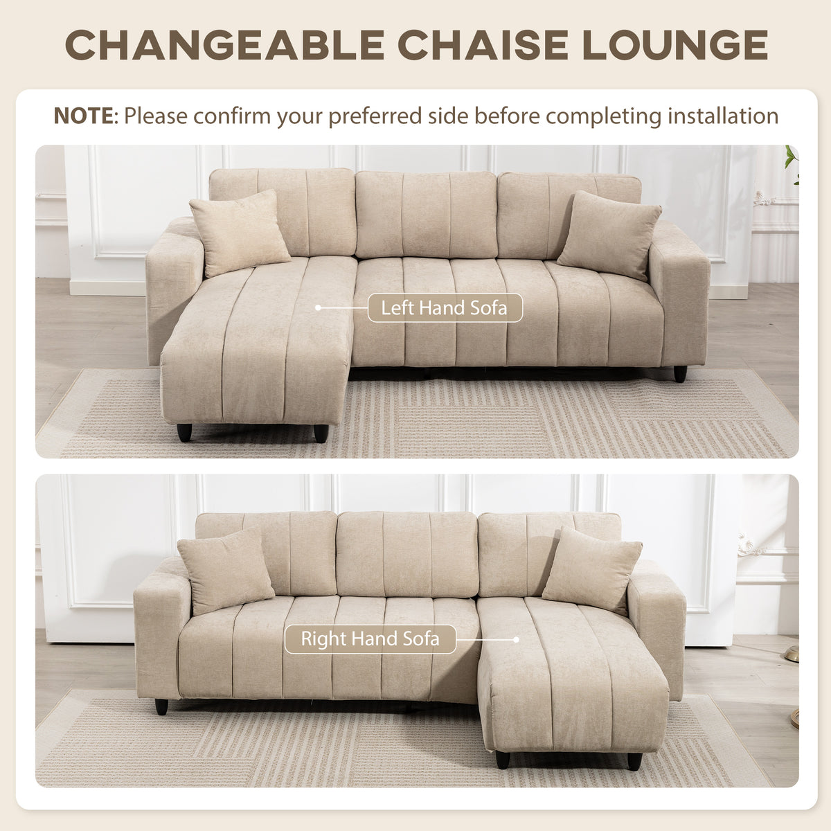 Modular Sectional Sofa with Changeable Chaise, Integrated Seat, 95" Large 3 Seater L-Shaped Sofa with Spring Cushion, 2 Pillows, Steel Frame for Living Room, Beige