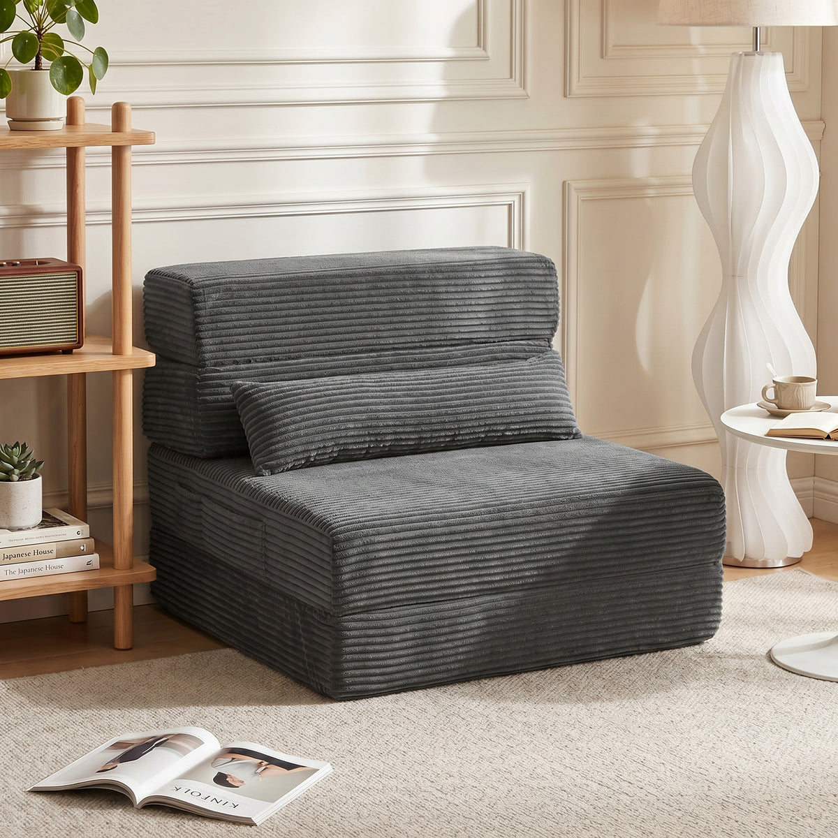 28" Folding Sofa Bed, Boneless Cloud Corduroy Sleeper Floor Chair, Floor Sofa with Back Support, Thick Cushion, Lumbar Pillow, Side Pockets for Living Room, Dark Grey