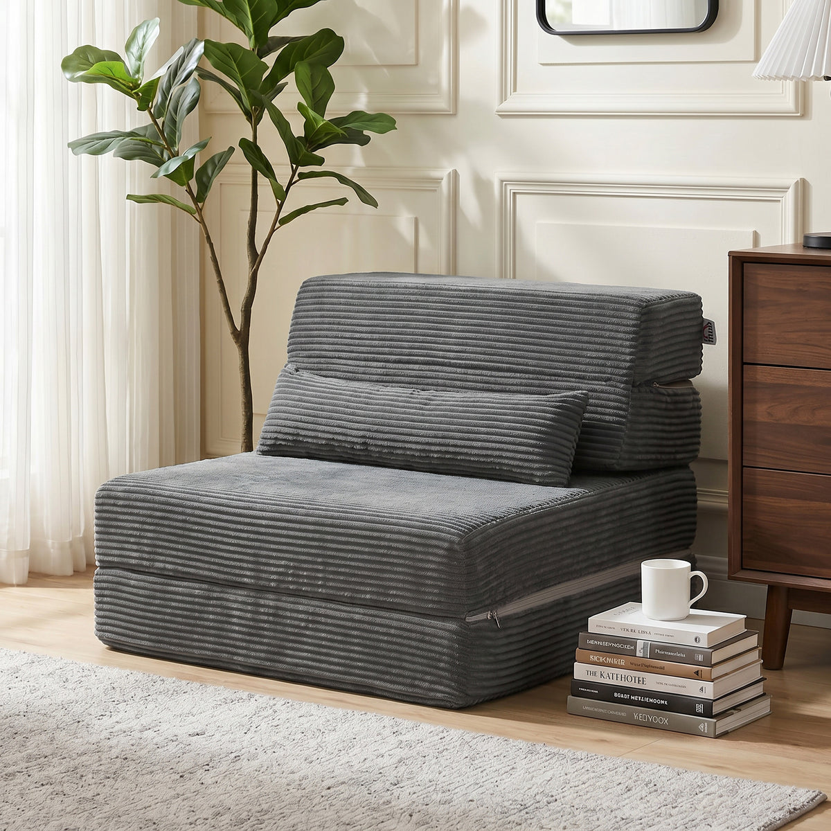 28" Folding Sofa Bed, Boneless Cloud Corduroy Sleeper Floor Chair, Floor Sofa with Back Support, Thick Cushion, Lumbar Pillow, Side Pockets for Living Room, Dark Grey