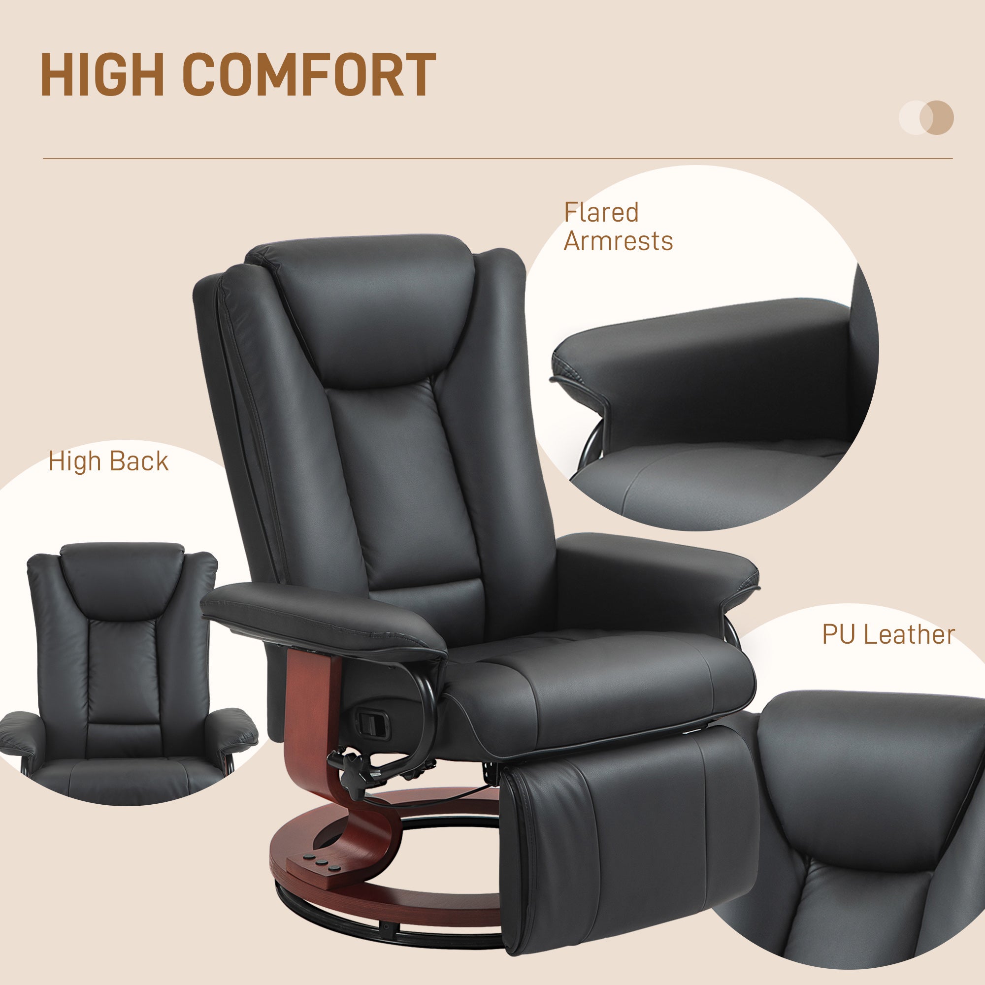 Modern RV Recliner Chair, PU Leather Swivel Recliner Armchair w/ Footrest, Black