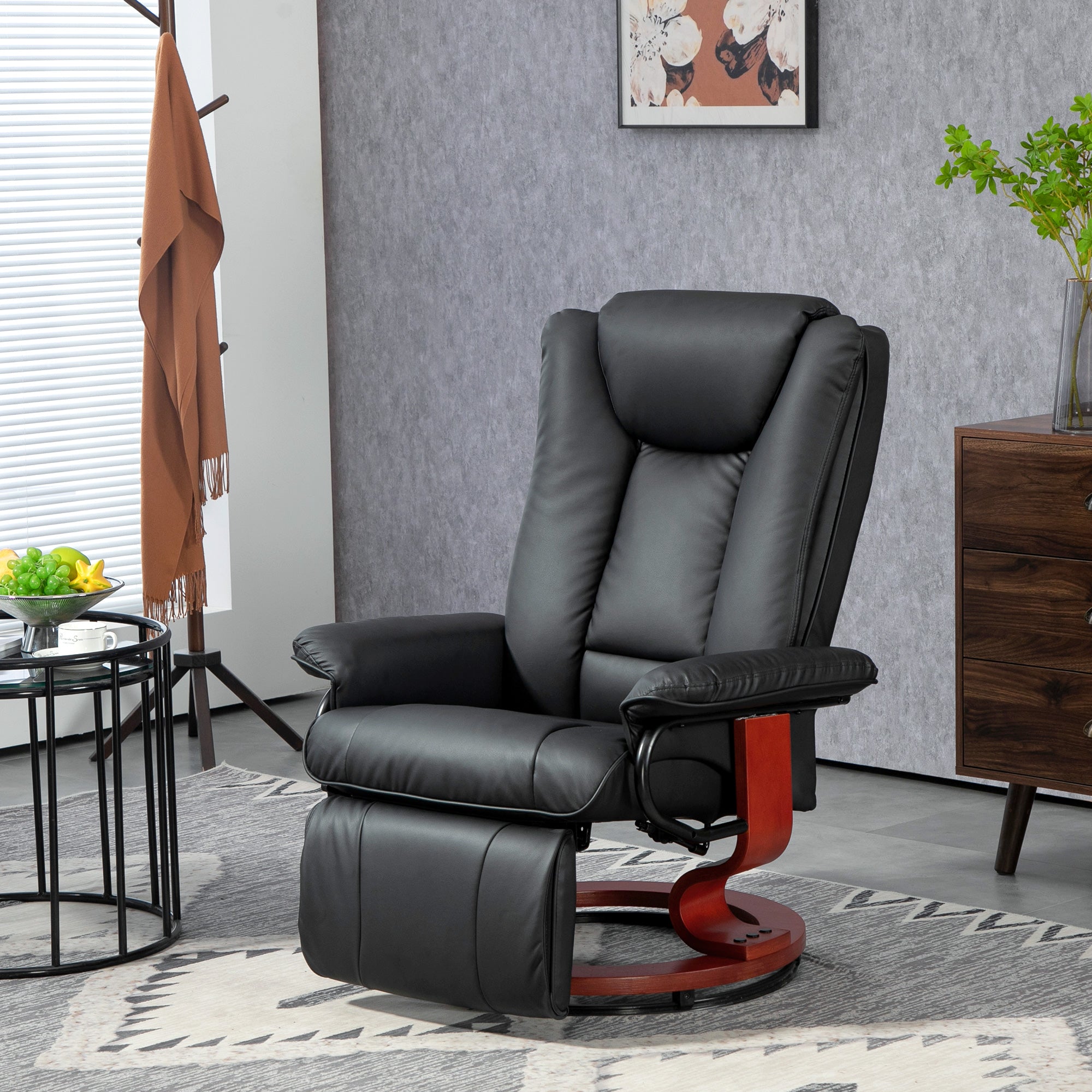 Modern RV Recliner Chair, PU Leather Swivel Recliner Armchair w/ Footrest, Black