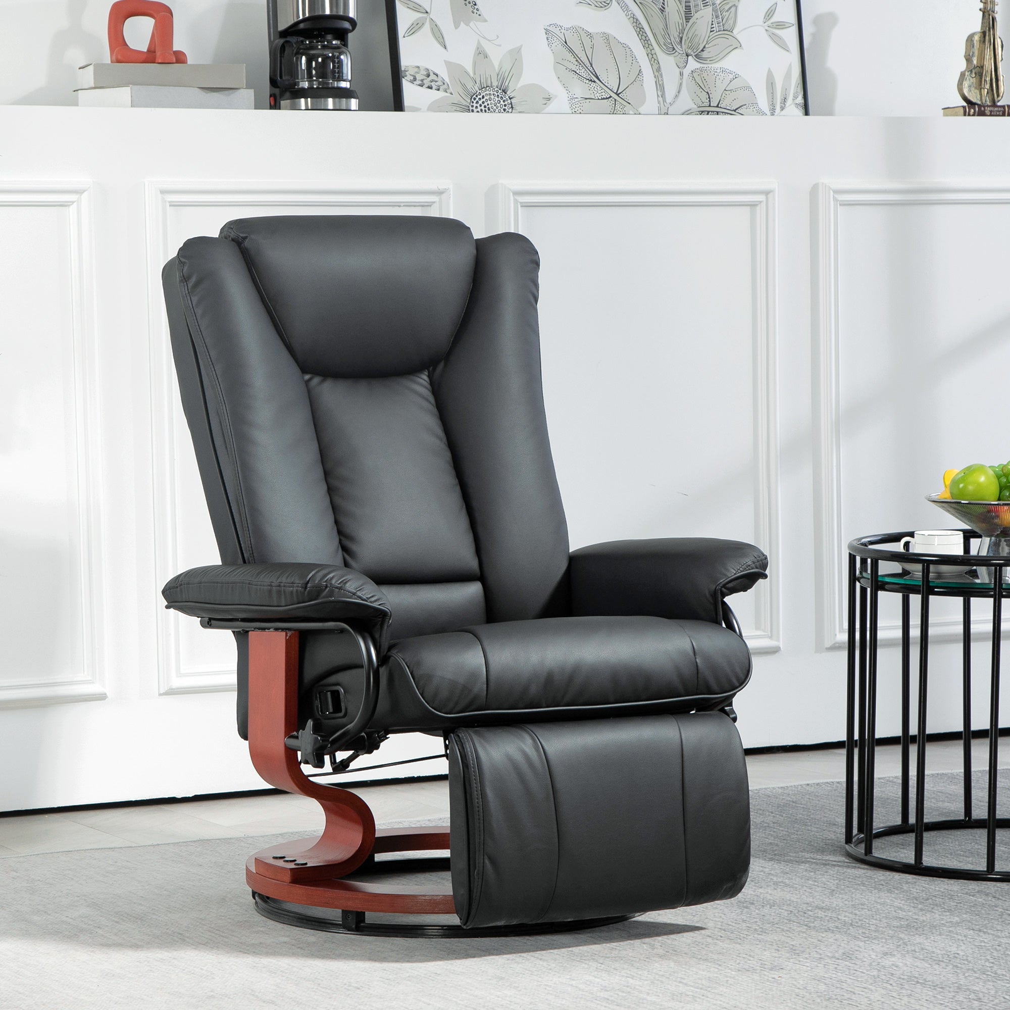 Modern RV Recliner Chair, PU Leather Swivel Recliner Armchair w/ Footrest, Black