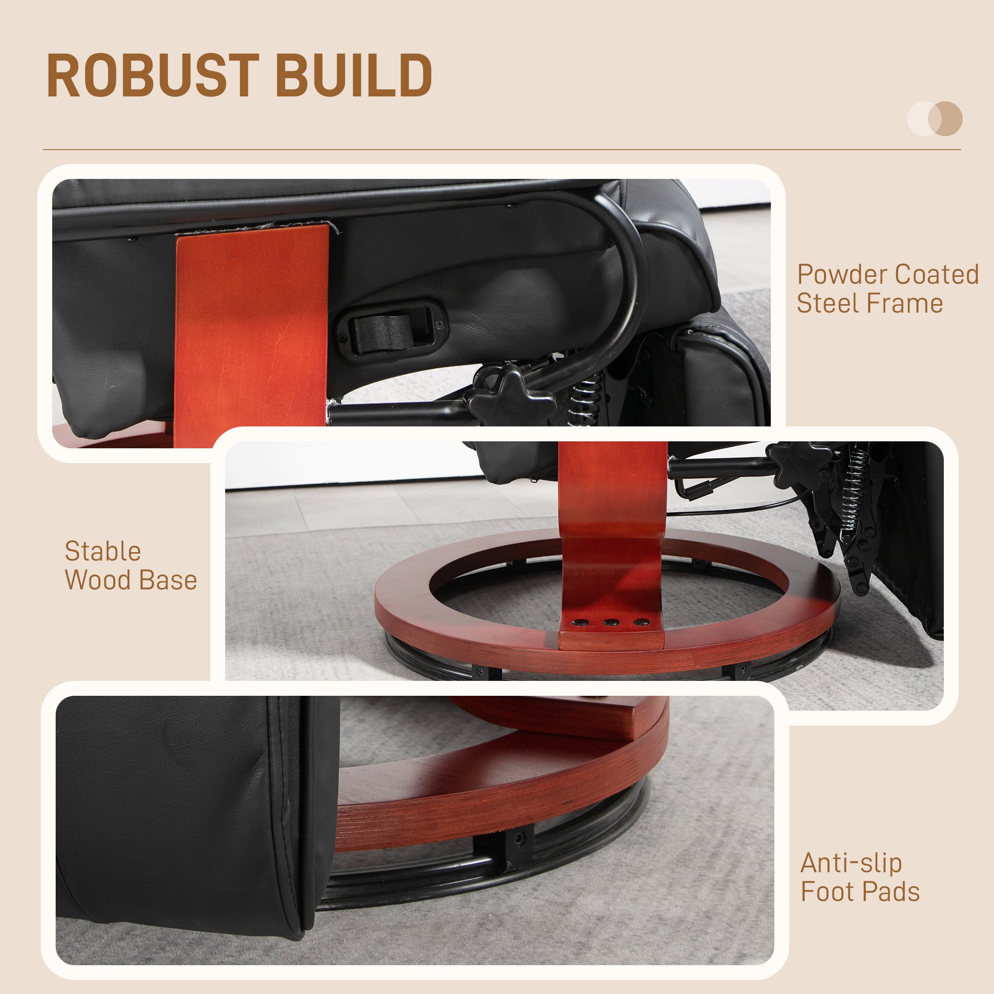 Modern RV Recliner Chair, PU Leather Swivel Recliner Armchair w/ Footrest, Black