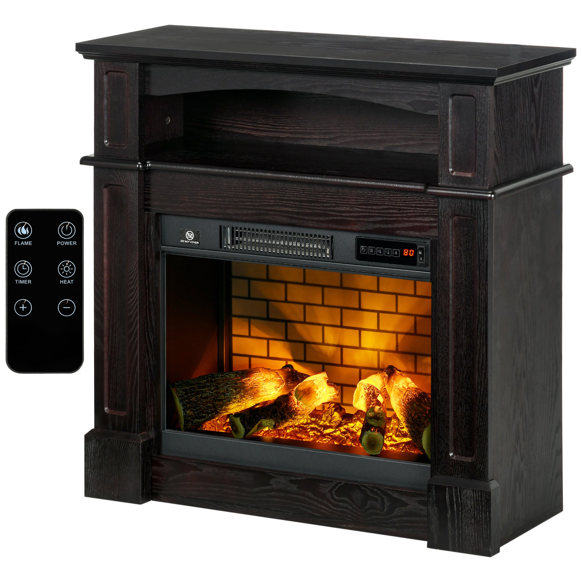 32" Electric Fireplace with Mantel, Freestanding Heater with LED Log Flame, Shelf and Remote Control, 1400W, Brown