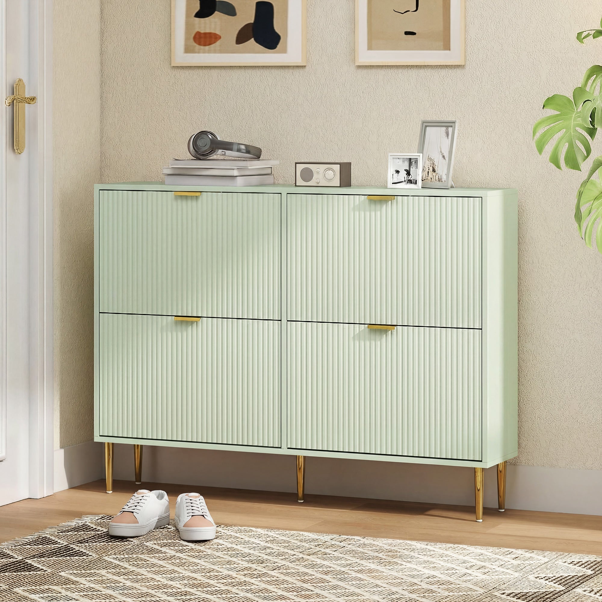 Narrow Shoe Cabinet with 4 Flip Drawers, Modern Slim Shoe Storage Cabinet with Fluted Doors and Adjustable Shelves for Hallway, Holds 10-20 Pairs, Light Green
