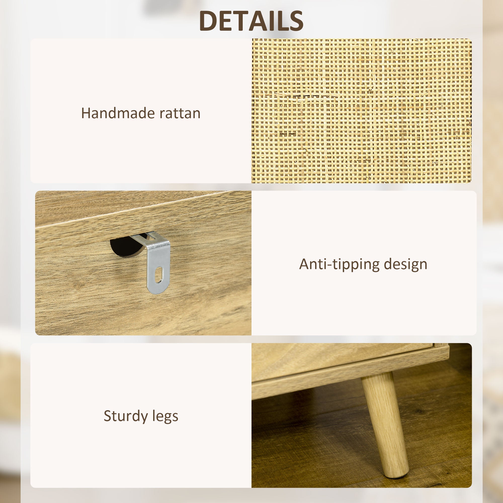 HOMCOM Bedside Table Nightstand with Storage Shelf and Door Cupboard, Side End Table with Rattan Element and Tapered Leg for Living Room, Bedroom, Natural