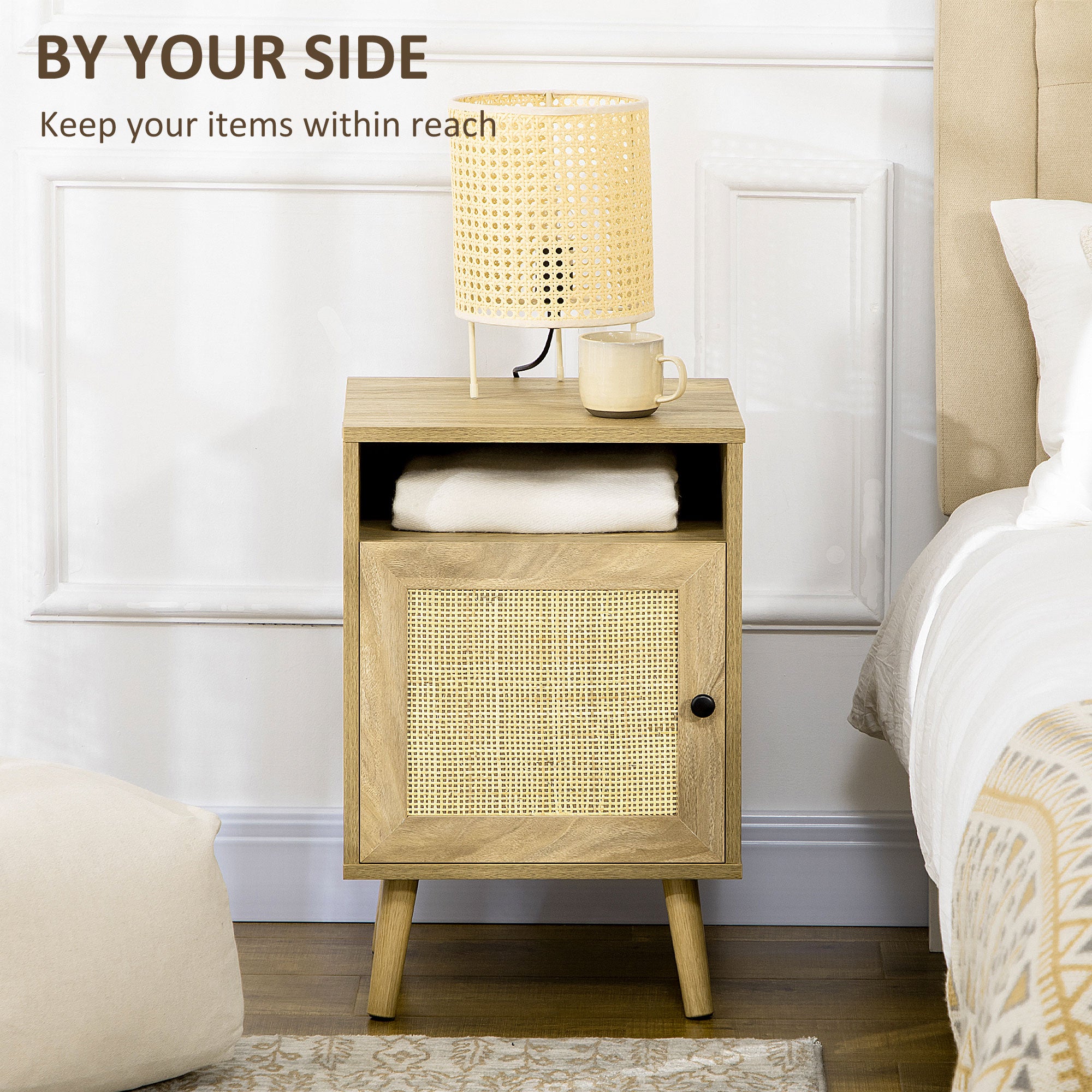HOMCOM Bedside Table Nightstand with Storage Shelf and Door Cupboard, Side End Table with Rattan Element and Tapered Leg for Living Room, Bedroom, Natural