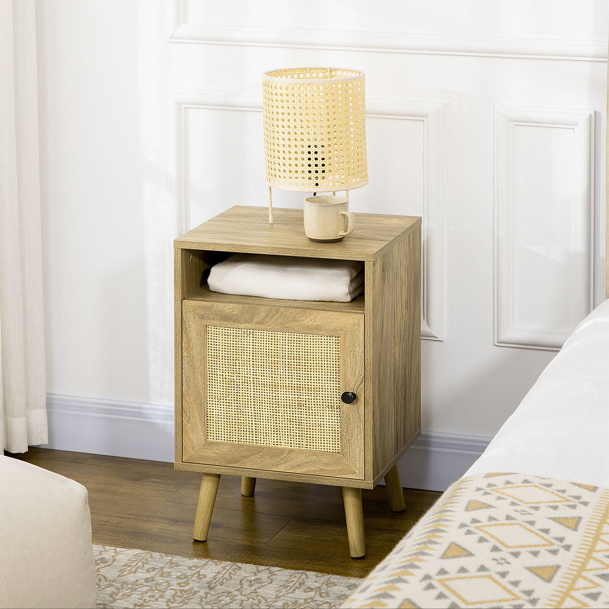 HOMCOM Bedside Table Nightstand with Storage Shelf and Door Cupboard, Side End Table with Rattan Element and Tapered Leg for Living Room, Bedroom, Natural