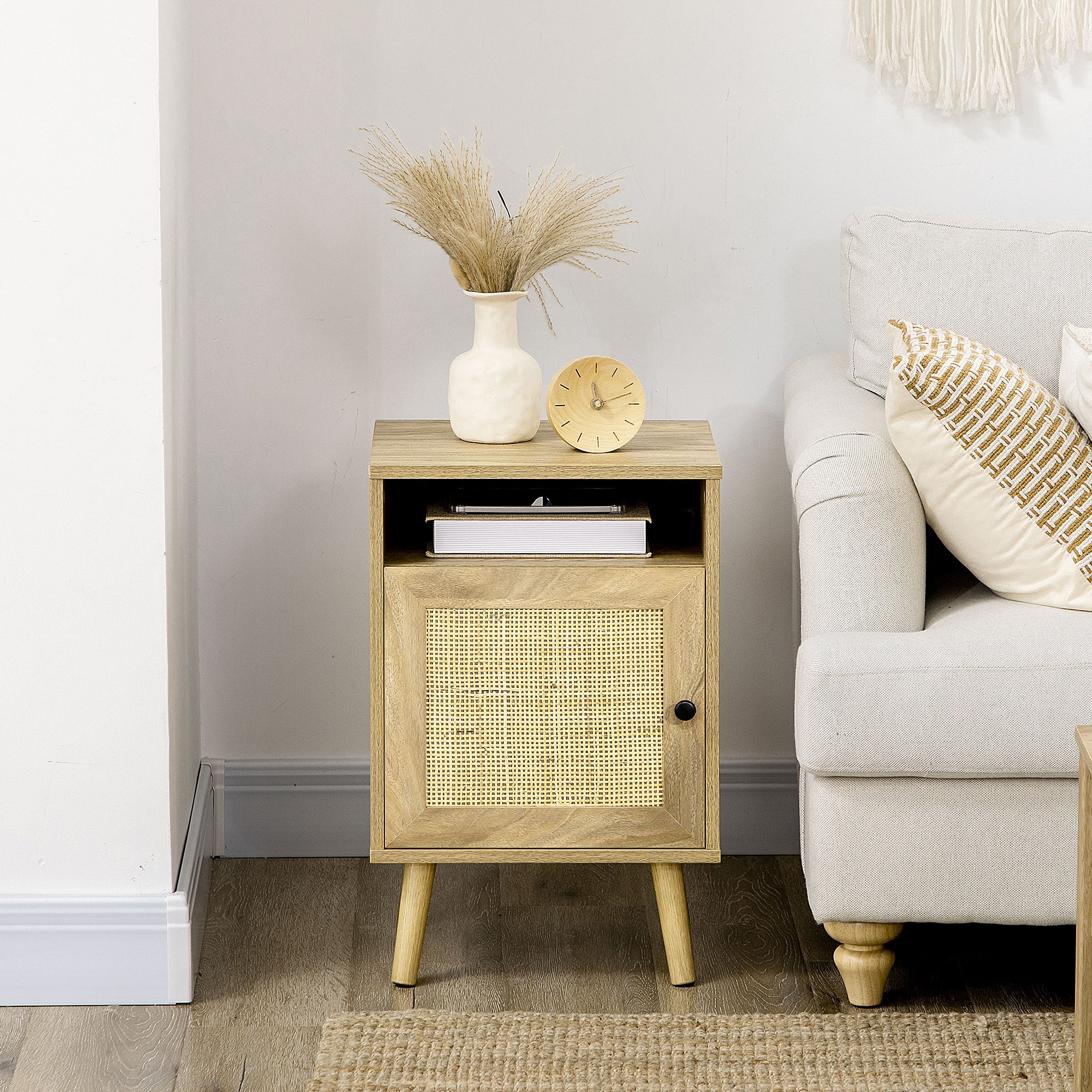 HOMCOM Bedside Table Nightstand with Storage Shelf and Door Cupboard, Side End Table with Rattan Element and Tapered Leg for Living Room, Bedroom, Natural