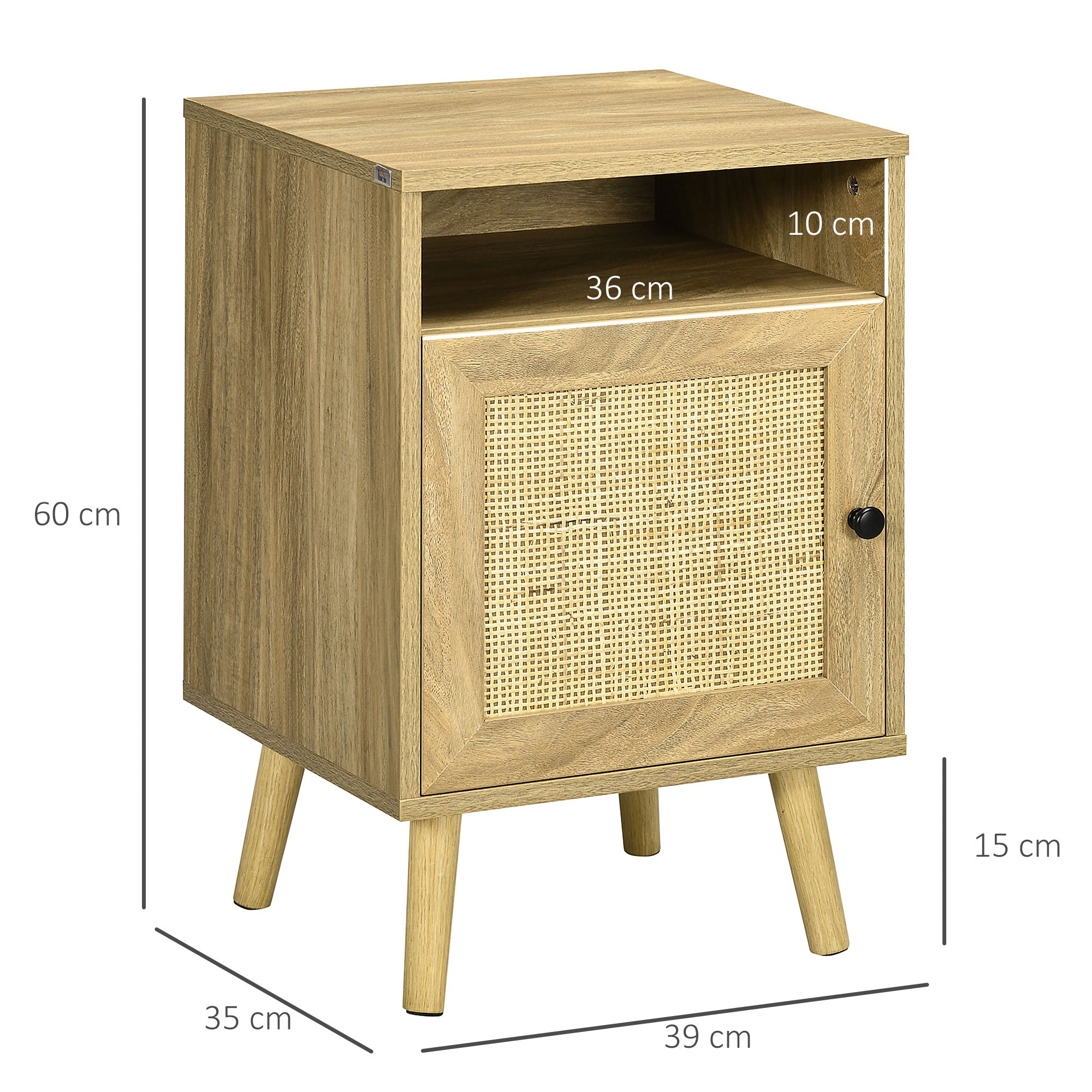 HOMCOM Bedside Table Nightstand with Storage Shelf and Door Cupboard, Side End Table with Rattan Element and Tapered Leg for Living Room, Bedroom, Natural