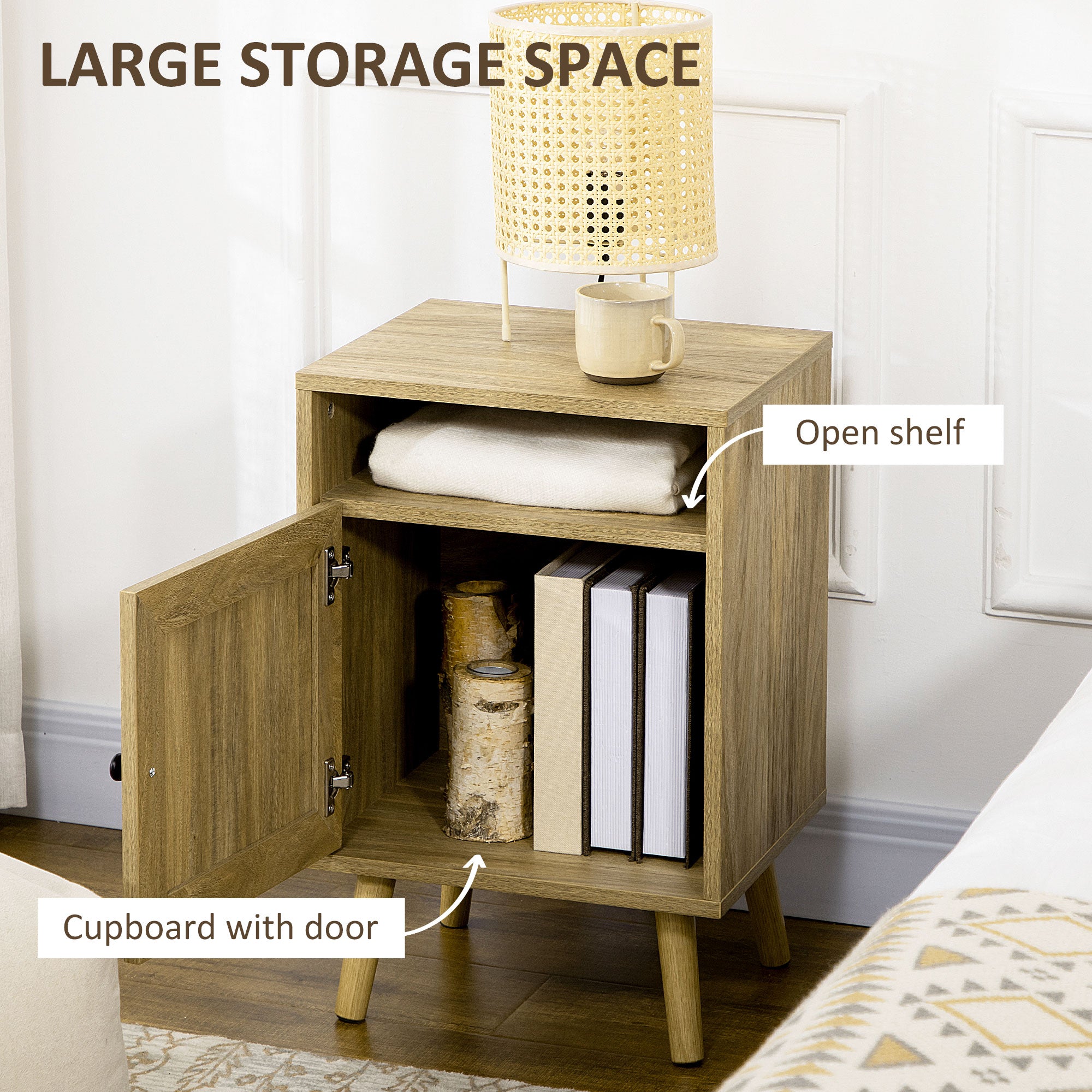 HOMCOM Bedside Table Nightstand with Storage Shelf and Door Cupboard, Side End Table with Rattan Element and Tapered Leg for Living Room, Bedroom, Natural