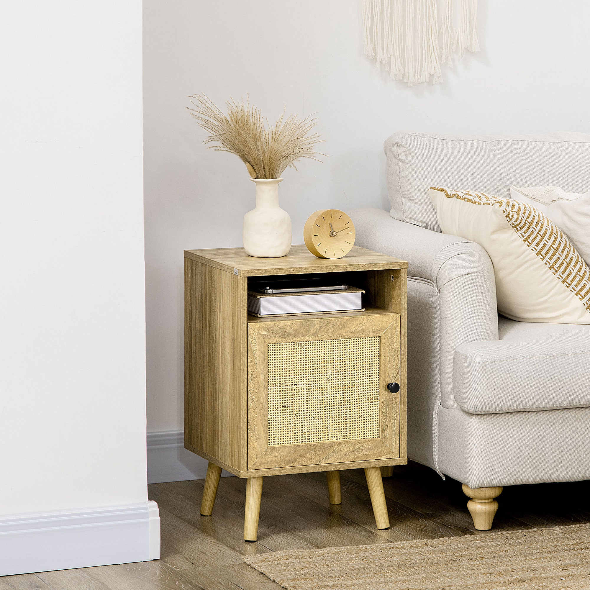 HOMCOM Bedside Table Nightstand with Storage Shelf and Door Cupboard, Side End Table with Rattan Element and Tapered Leg for Living Room, Bedroom, Natural