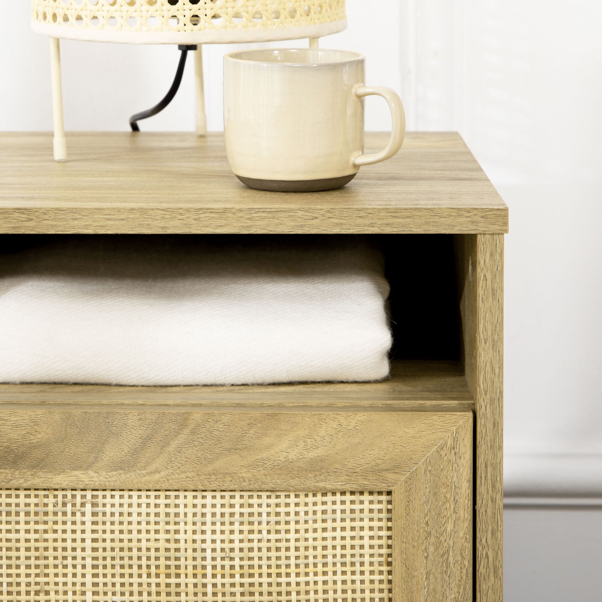 HOMCOM Bedside Table Nightstand with Storage Shelf and Door Cupboard, Side End Table with Rattan Element and Tapered Leg for Living Room, Bedroom, Natural