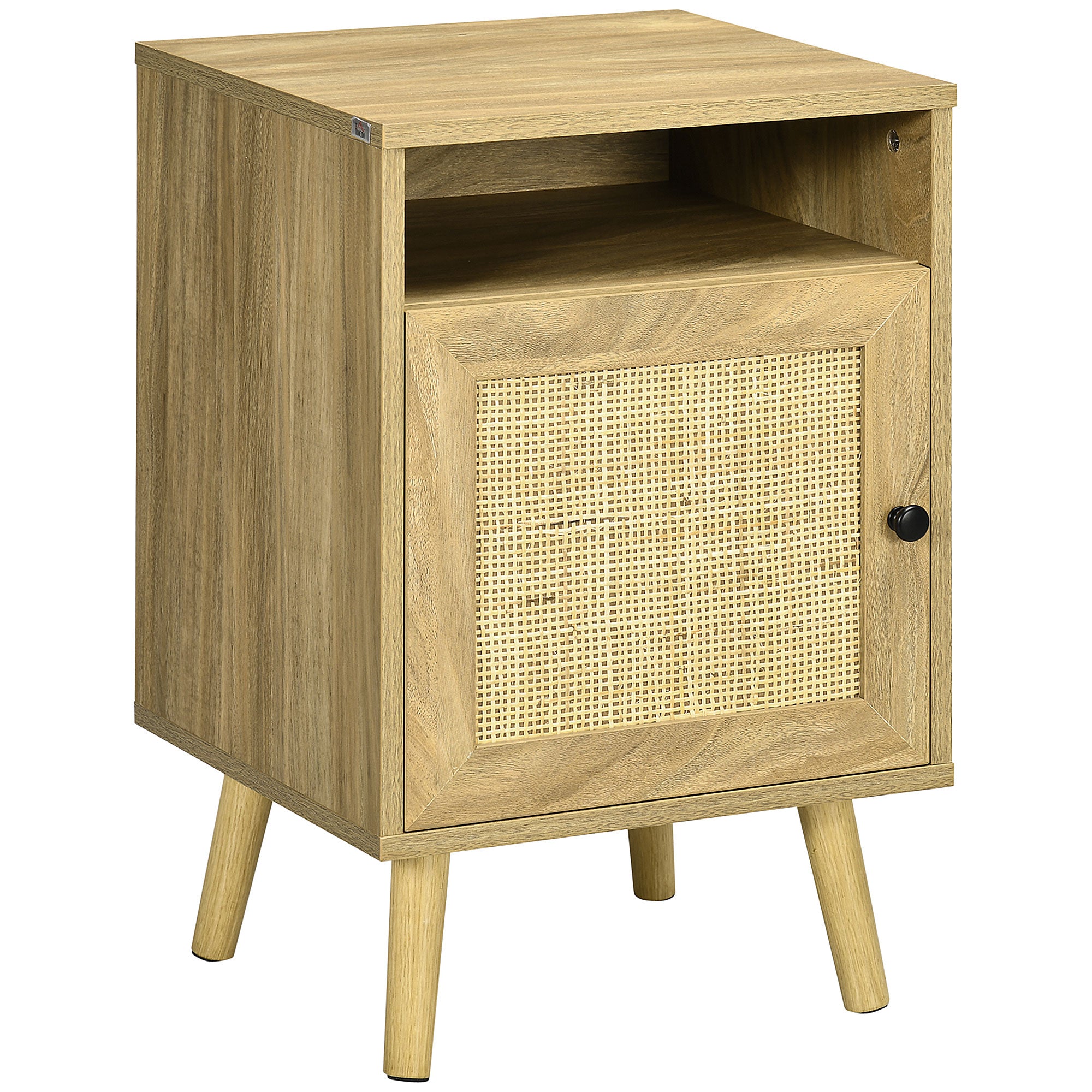 HOMCOM Bedside Table Nightstand with Storage Shelf and Door Cupboard, Side End Table with Rattan Element and Tapered Leg for Living Room, Bedroom, Natural