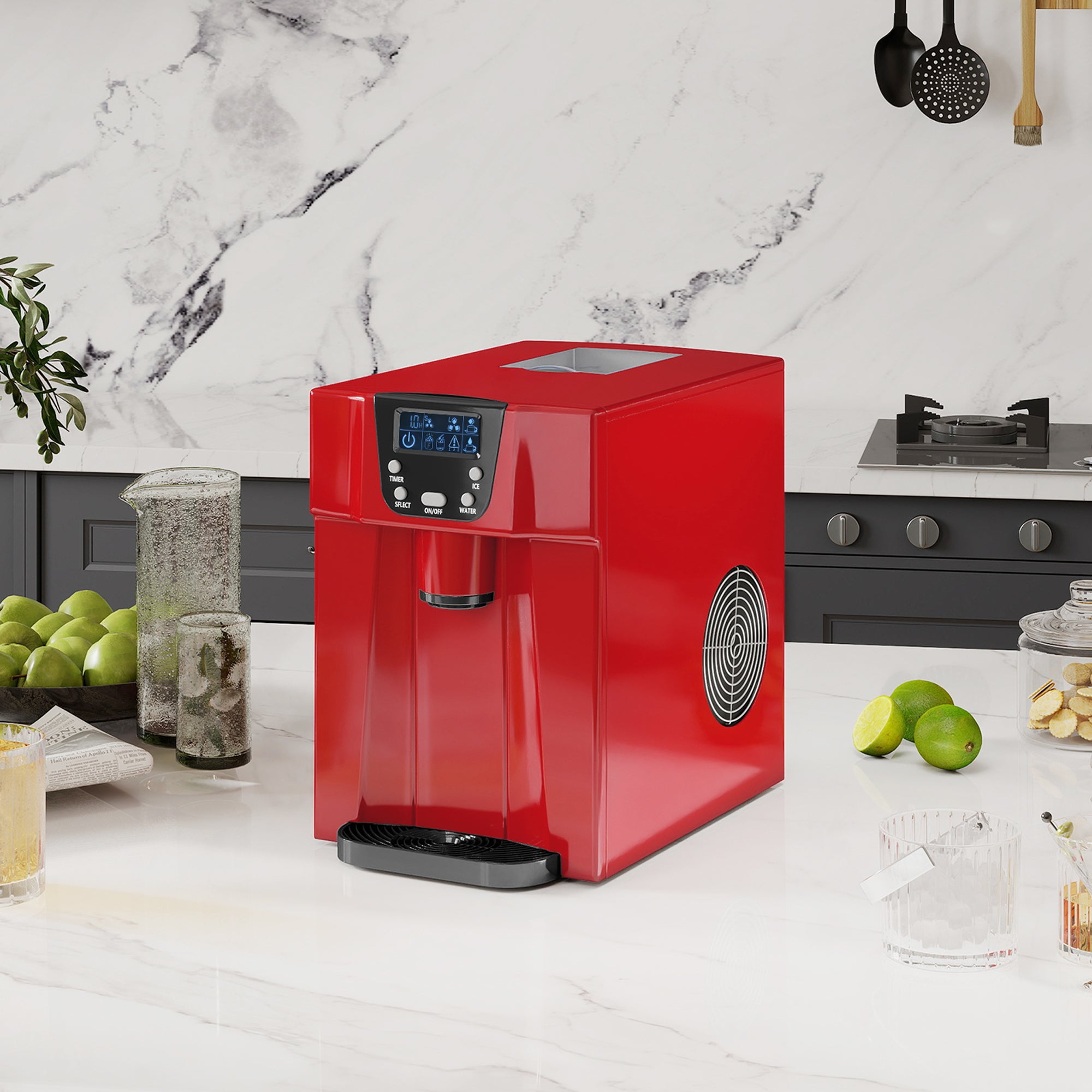 3L Ice Maker Machine and Water Dispenser, 12kg in 24H, 2 Size Options 9 Ice Cubes Ready in 6-10 Mins Countertop Ice Machine for Home, Kitchen, Office, Bar, Red