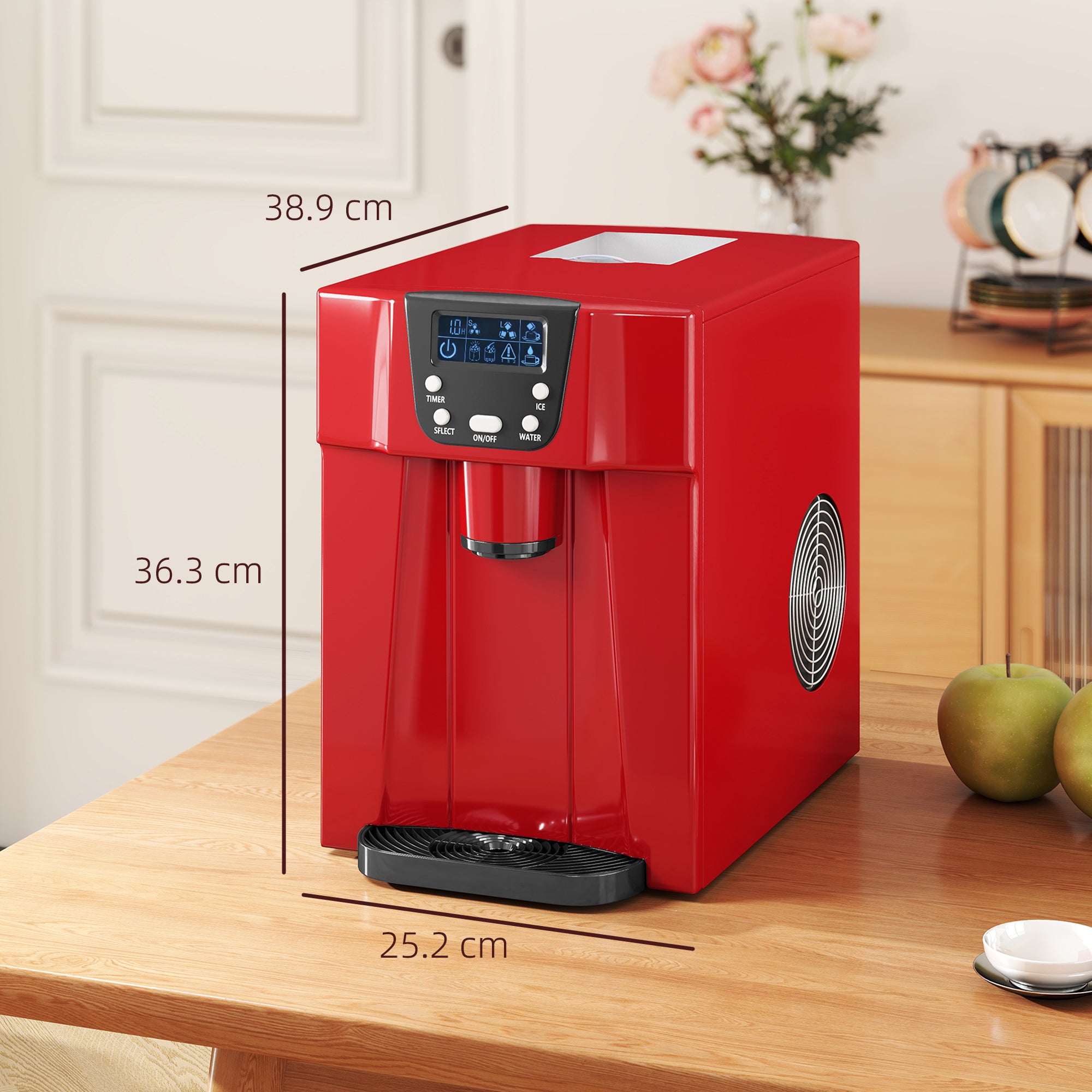3L Ice Maker Machine and Water Dispenser, 12kg in 24H, 2 Size Options 9 Ice Cubes Ready in 6-10 Mins Countertop Ice Machine for Home, Kitchen, Office, Bar, Red