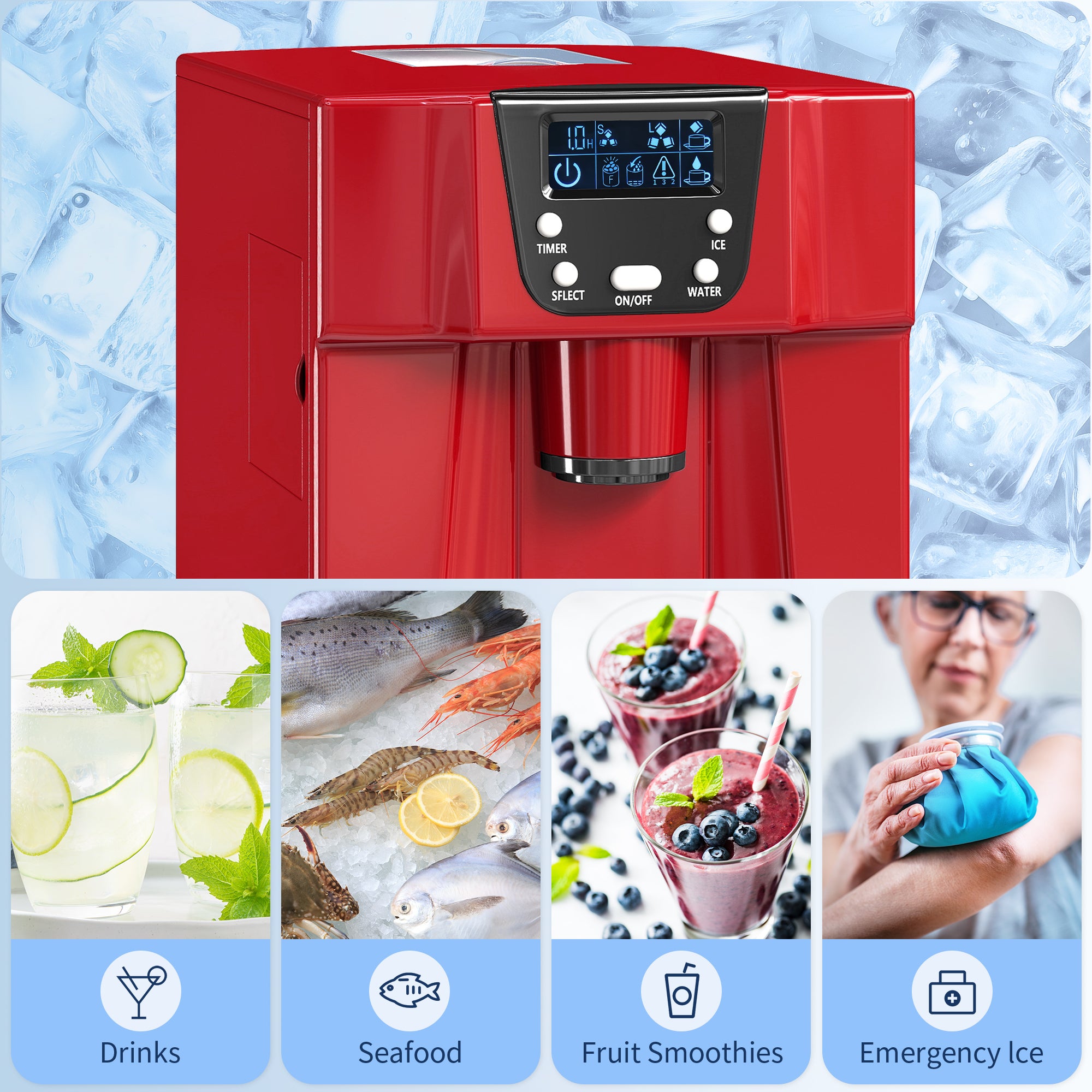 3L Ice Maker Machine and Water Dispenser, 12kg in 24H, 2 Size Options 9 Ice Cubes Ready in 6-10 Mins Countertop Ice Machine for Home, Kitchen, Office, Bar, Red