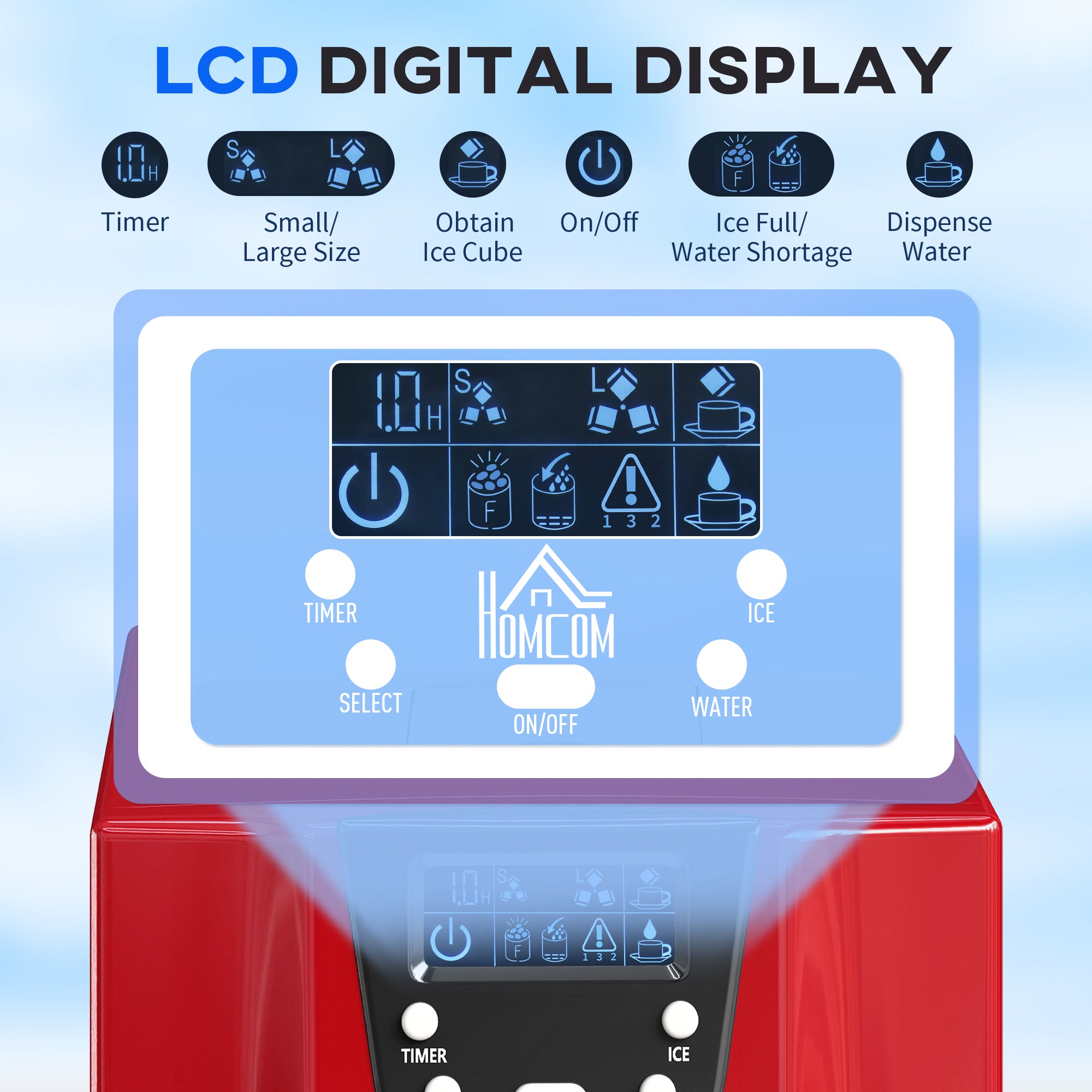 3L Ice Maker Machine and Water Dispenser, 12kg in 24H, 2 Size Options 9 Ice Cubes Ready in 6-10 Mins Countertop Ice Machine for Home, Kitchen, Office, Bar, Red