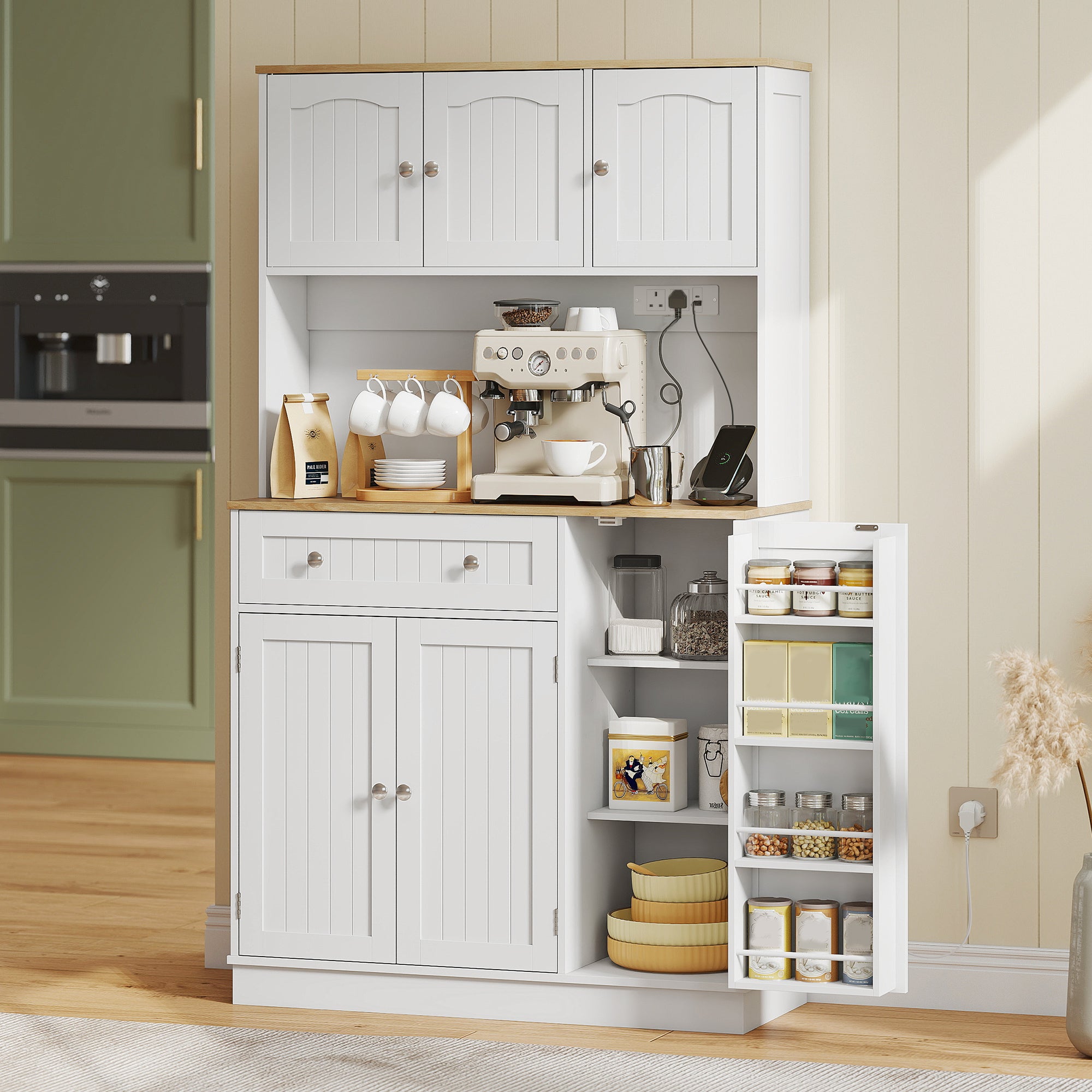173 cm Tall Kitchen Cupboard with Charging Station, Pantry Storage Cabinet with Microwave Stand, Adjustable Shelves, 4 Door Racks, Farmhouse Kitchen Cabinet for Dining Room, White