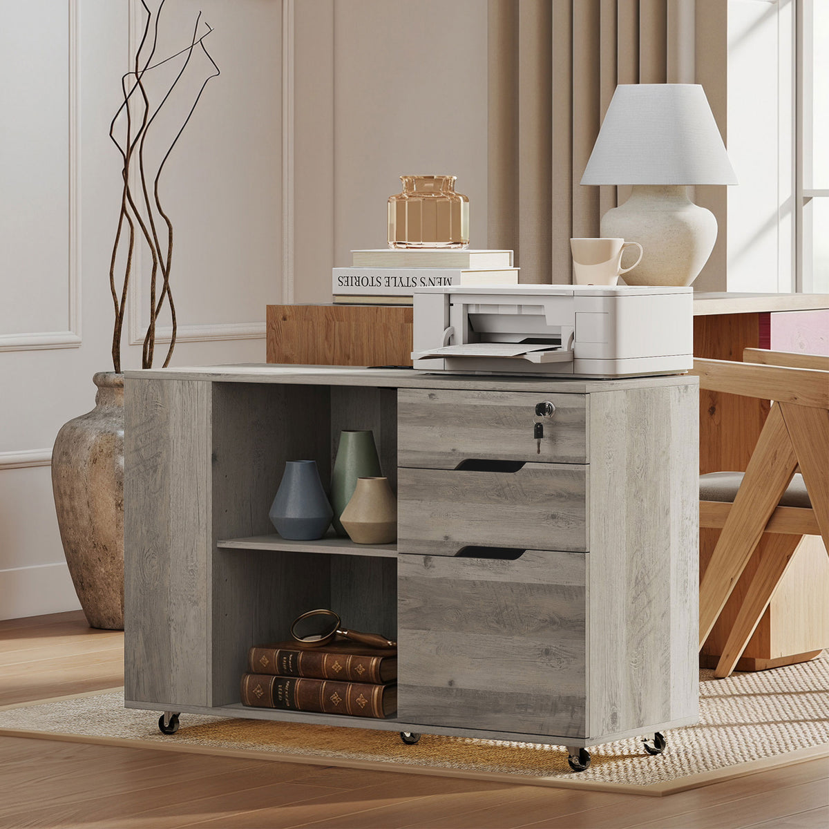 Lateral File Cabinet with Power Outlets, Drawers, Mobile Filing Cabinets, Cubbies, Shelves, Home Office Printer Stand, for A4, Letter Files, Home Office, Light Grey Brown