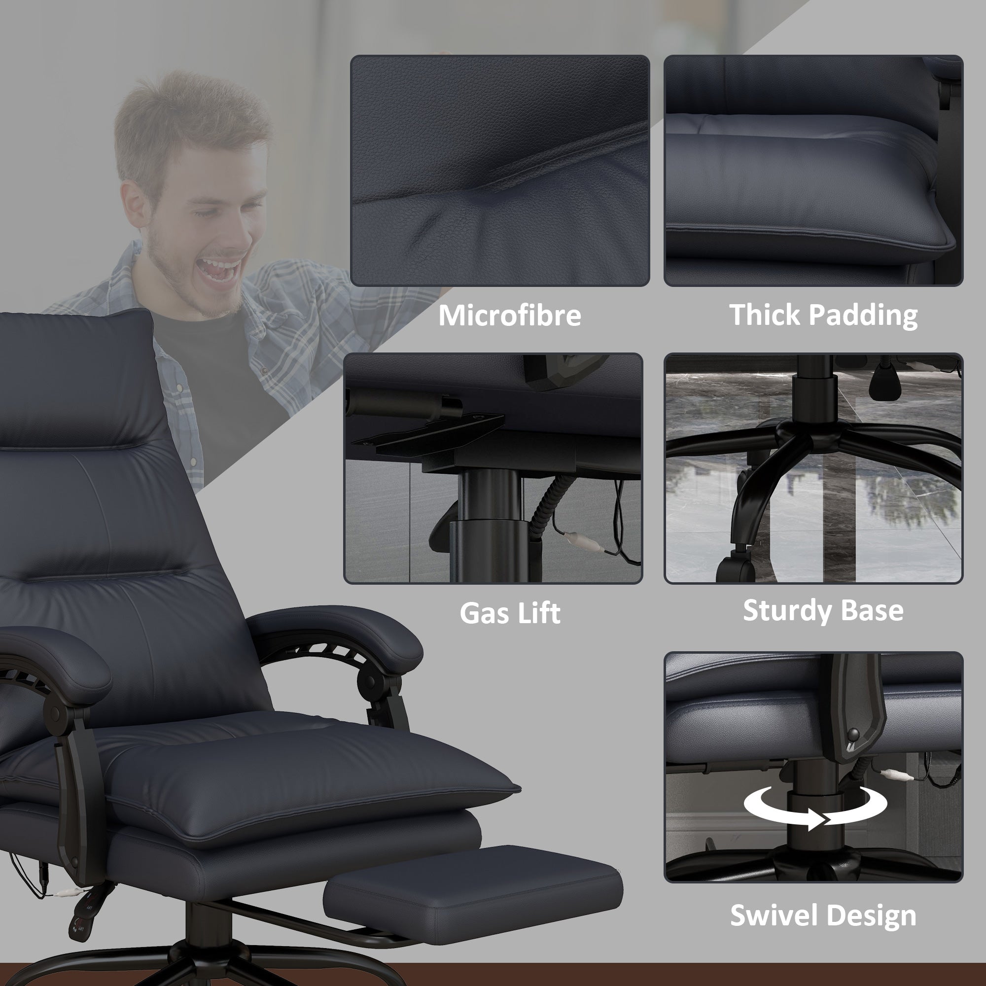Executive Massage Office Chair with 6 Vibration Points, Microfiber Computer Desk Chair, Heated Reclining Chair Gray - HOMCOM
